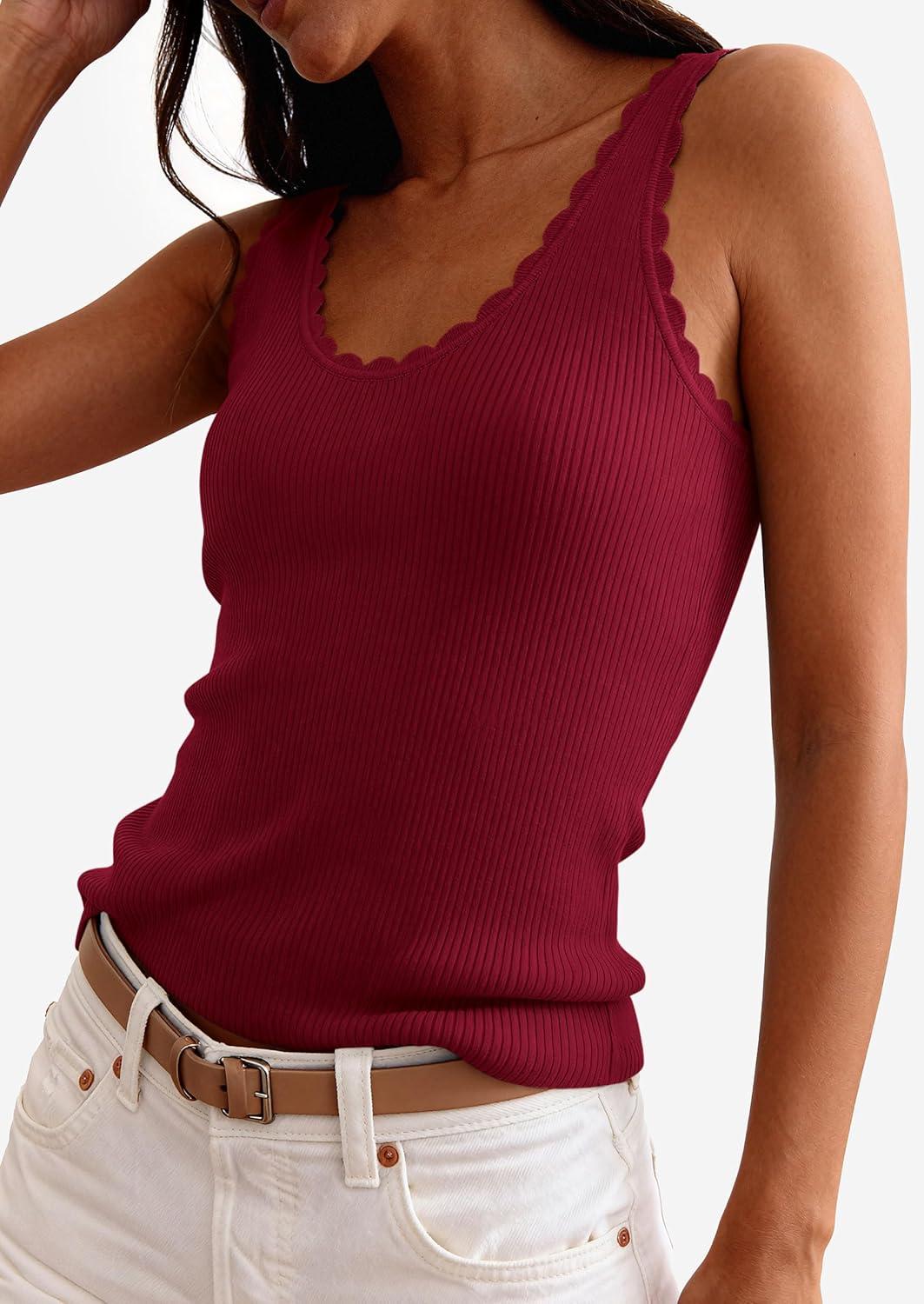 imagePRETTYGARDEN Womens Summer Sleeveless Tank Tops 2026 V Neck Ruffle Lightweight Ribbed Knit Shirt Casual Going Out TopWine Red