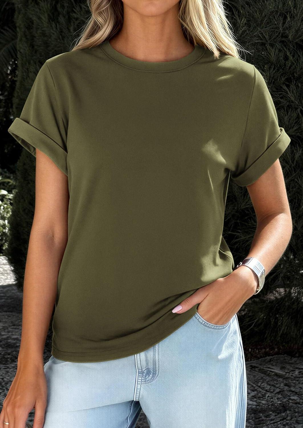 imagePRETTYGARDEN Womens Summer Tops 2026 Spring Casual Rolled Short Sleeve Basic Tees Crew Neck Work Shirts Fashion ClothingArmy Green