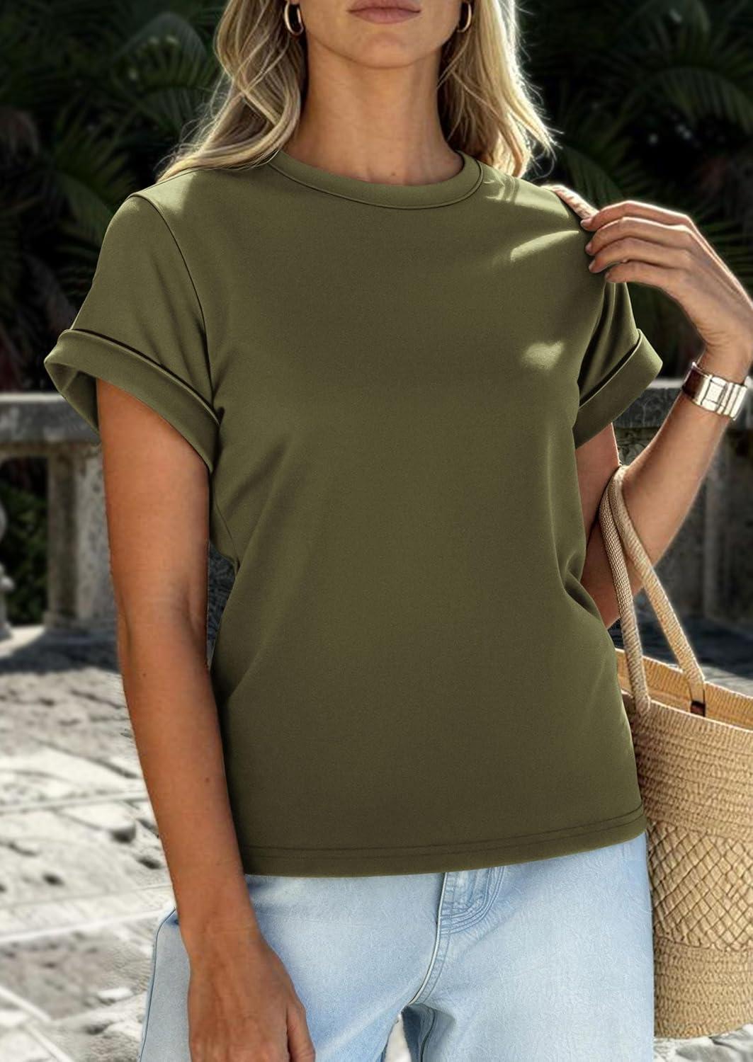imagePRETTYGARDEN Womens Summer Tops 2026 Spring Casual Rolled Short Sleeve Basic Tees Crew Neck Work Shirts Fashion ClothingArmy Green