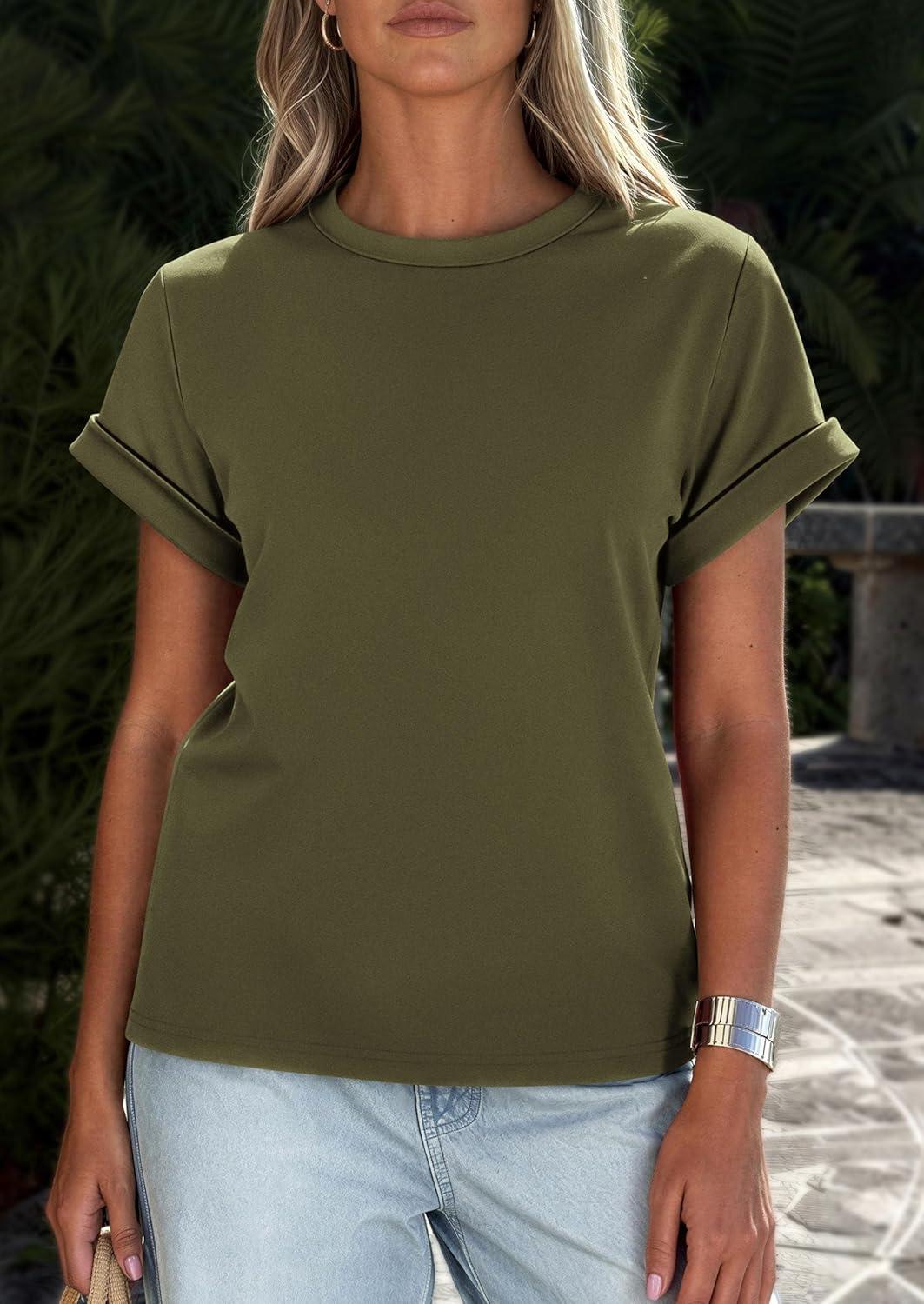 imagePRETTYGARDEN Womens Summer Tops 2026 Spring Casual Rolled Short Sleeve Basic Tees Crew Neck Work Shirts Fashion ClothingArmy Green
