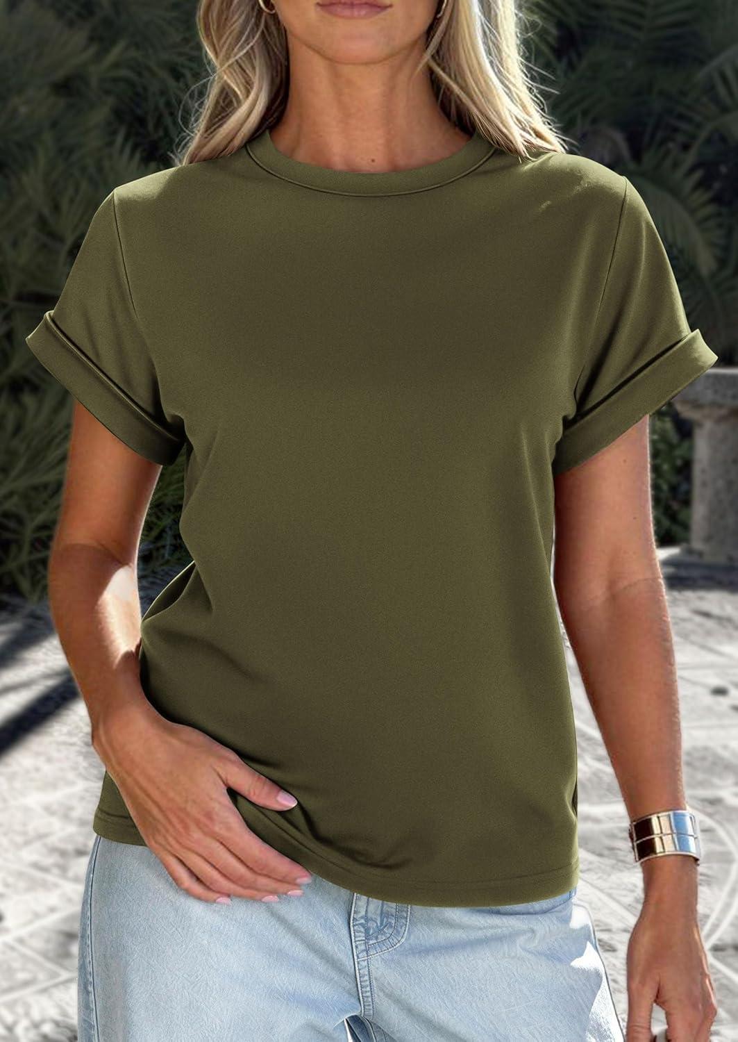 imagePRETTYGARDEN Womens Summer Tops 2026 Spring Casual Rolled Short Sleeve Basic Tees Crew Neck Work Shirts Fashion ClothingArmy Green