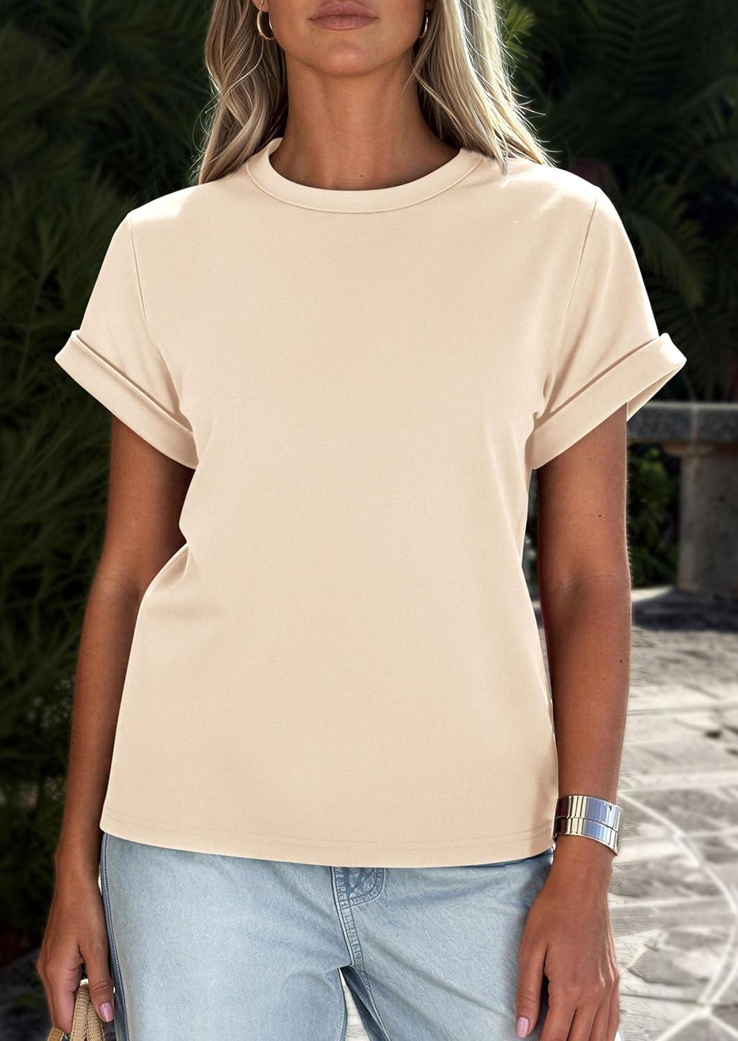imagePRETTYGARDEN Womens Summer Tops 2026 Spring Casual Rolled Short Sleeve Basic Tees Crew Neck Work Shirts Fashion ClothingBeige