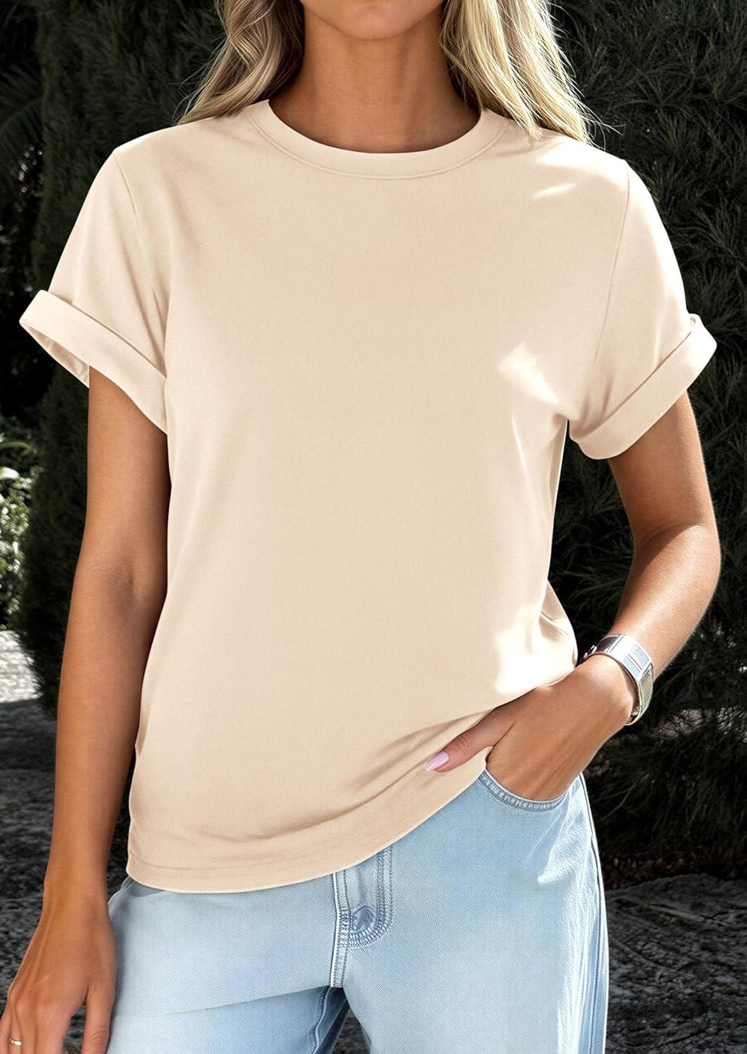imagePRETTYGARDEN Womens Summer Tops 2026 Spring Casual Rolled Short Sleeve Basic Tees Crew Neck Work Shirts Fashion ClothingBeige