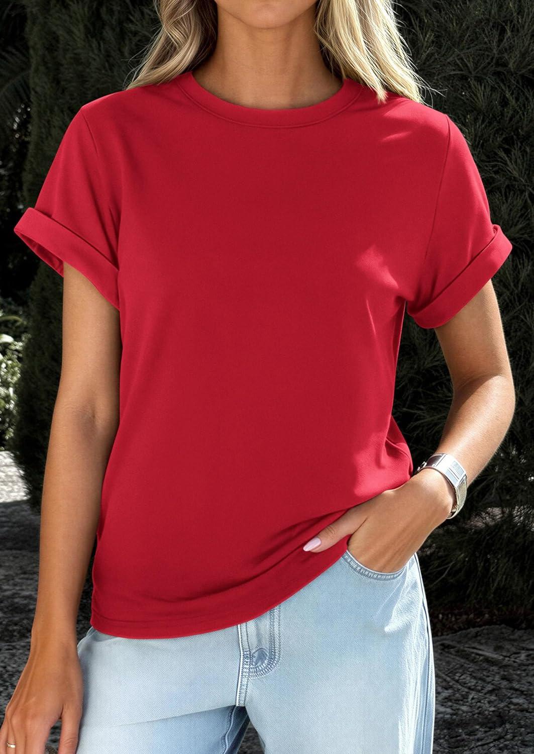imagePRETTYGARDEN Womens Summer Tops 2026 Spring Casual Rolled Short Sleeve Basic Tees Crew Neck Work Shirts Fashion ClothingRed