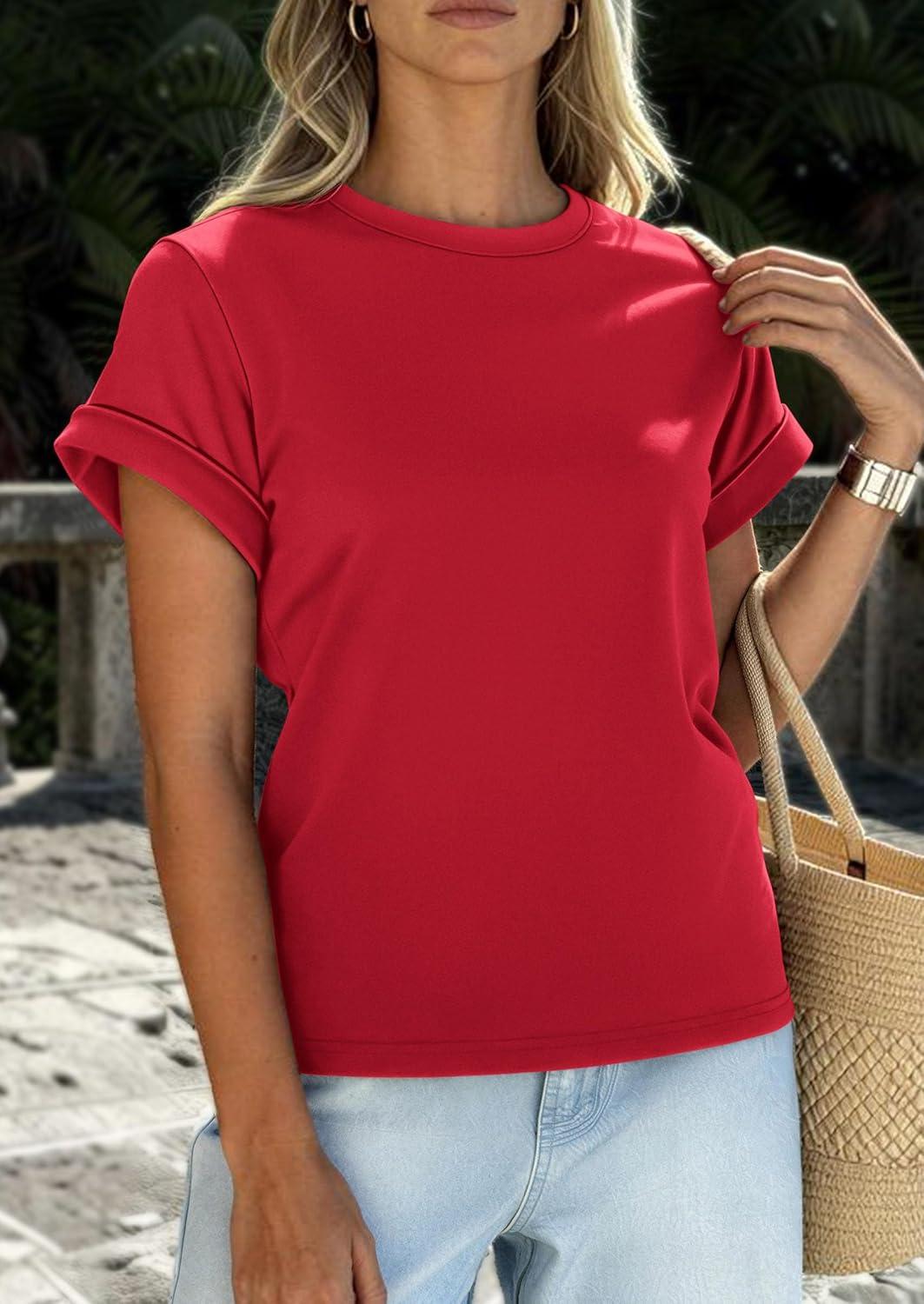 imagePRETTYGARDEN Womens Summer Tops 2026 Spring Casual Rolled Short Sleeve Basic Tees Crew Neck Work Shirts Fashion ClothingRed