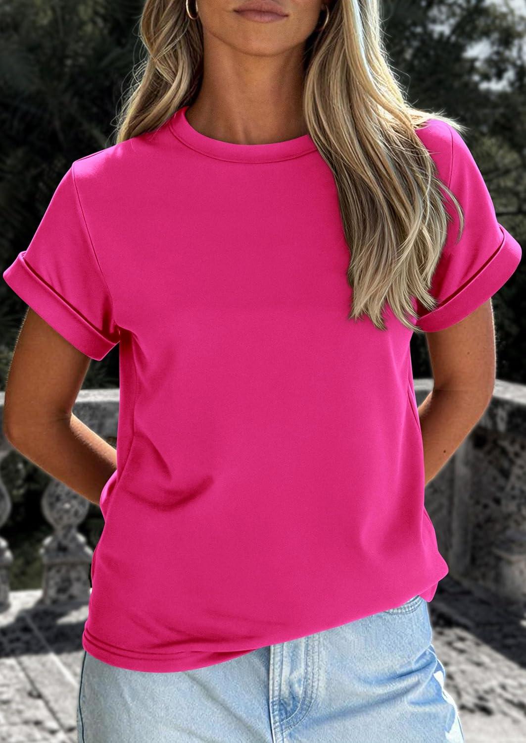 imagePRETTYGARDEN Womens Summer Tops 2026 Spring Casual Rolled Short Sleeve Basic Tees Crew Neck Work Shirts Fashion ClothingRose Red