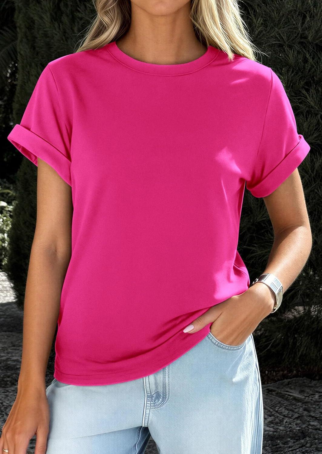 imagePRETTYGARDEN Womens Summer Tops 2026 Spring Casual Rolled Short Sleeve Basic Tees Crew Neck Work Shirts Fashion ClothingRose Red