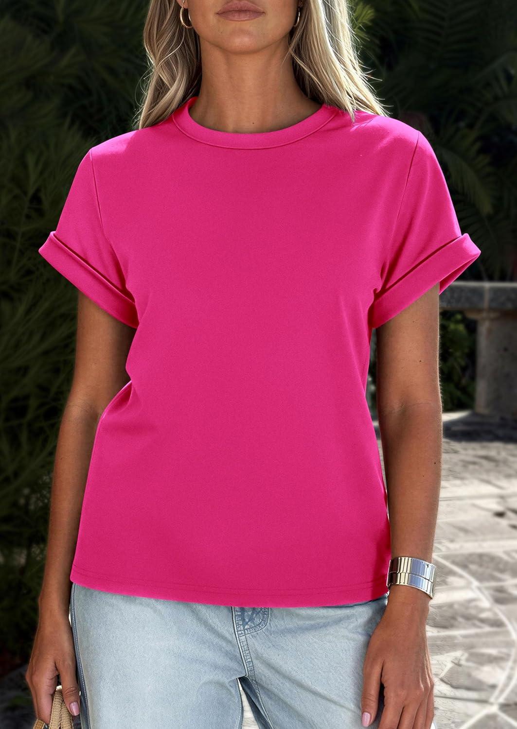 imagePRETTYGARDEN Womens Summer Tops 2026 Spring Casual Rolled Short Sleeve Basic Tees Crew Neck Work Shirts Fashion ClothingRose Red