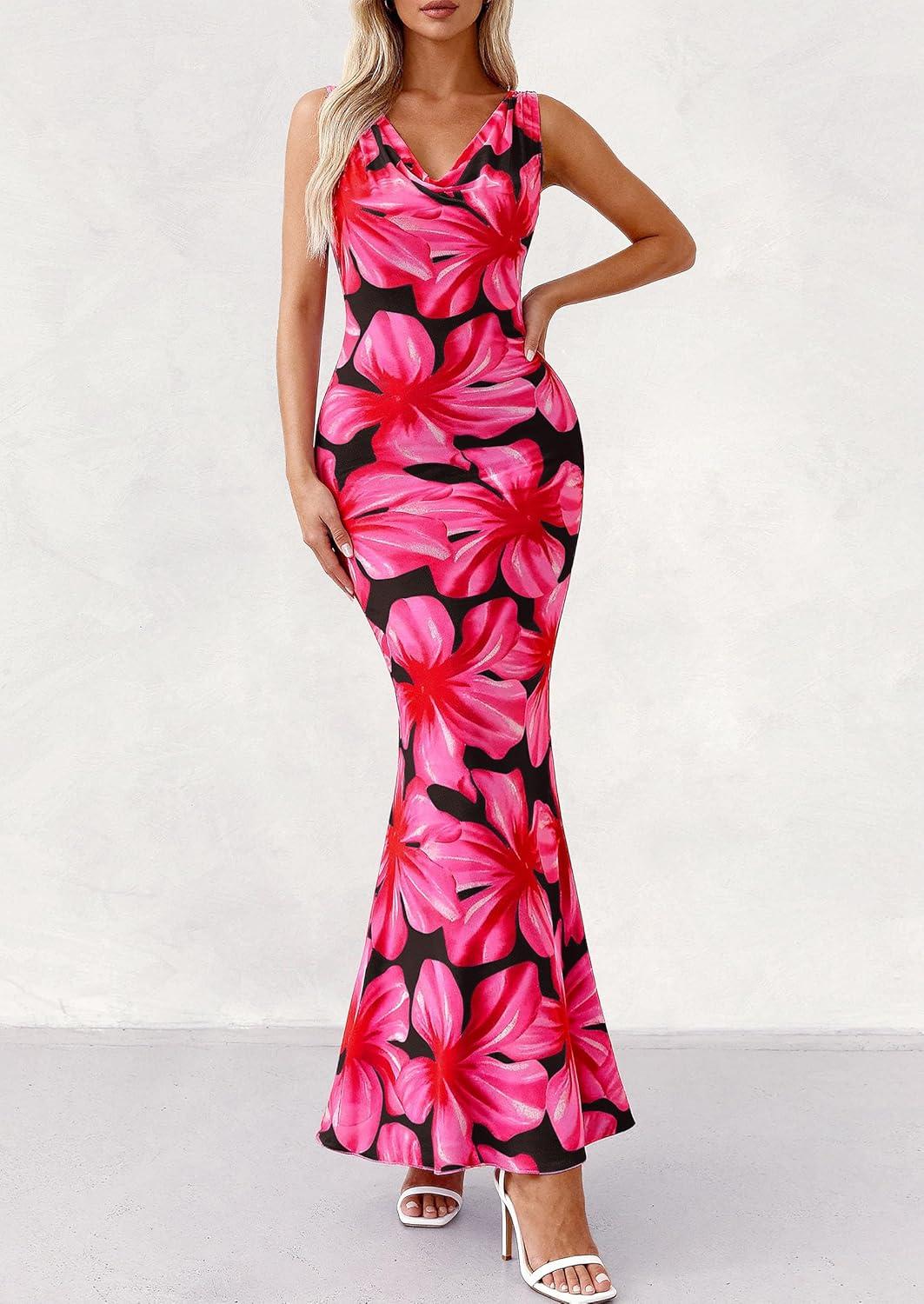 imagePRETTYGARDEN Womens Summer Wedding Guest Dress 2026 Spring Cowl Neck Mesh Bodycon Formal Cocktail Party Floral Maxi DressesBlack Pink Flower