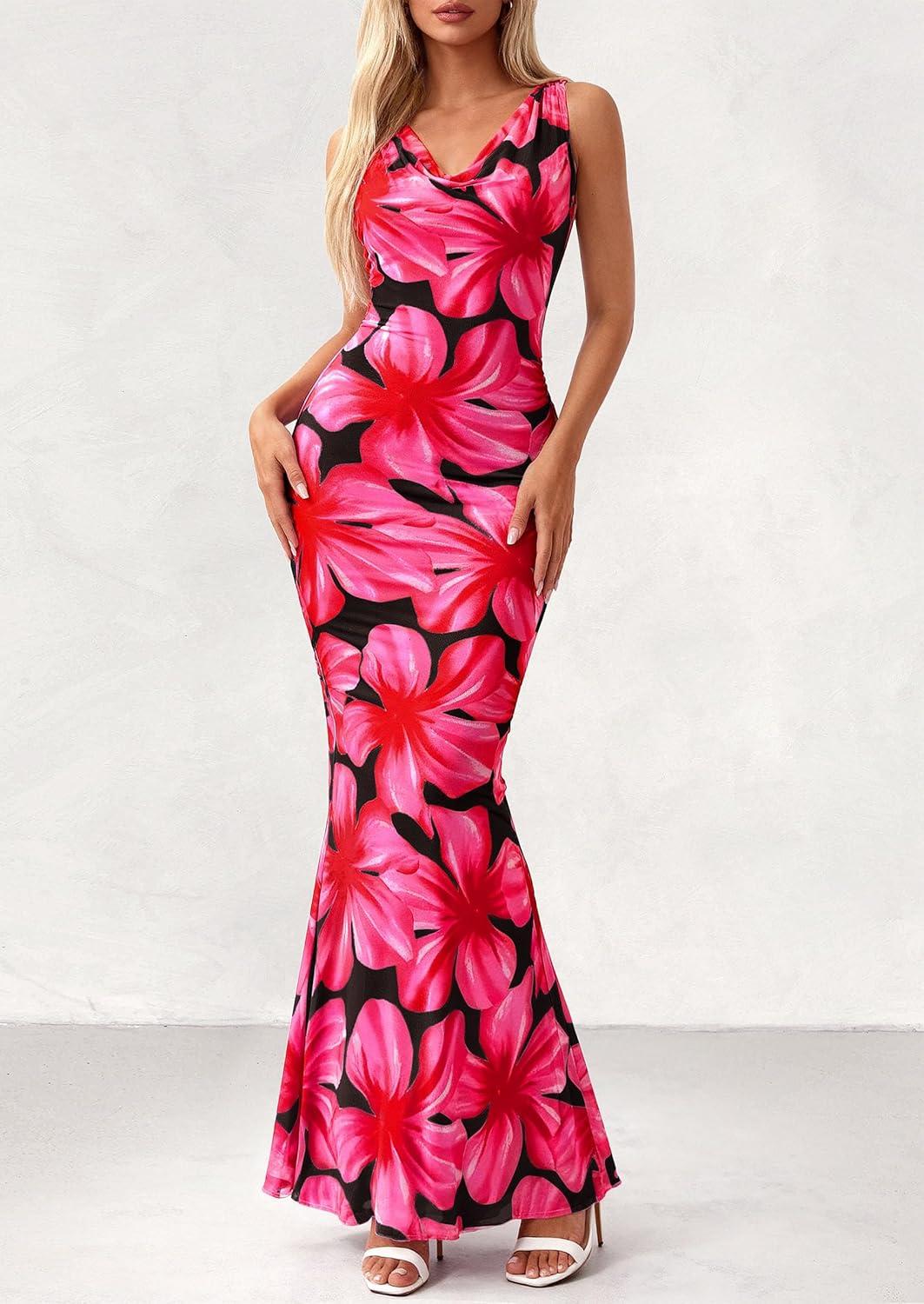 imagePRETTYGARDEN Womens Summer Wedding Guest Dress 2026 Spring Cowl Neck Mesh Bodycon Formal Cocktail Party Floral Maxi DressesBlack Pink Flower