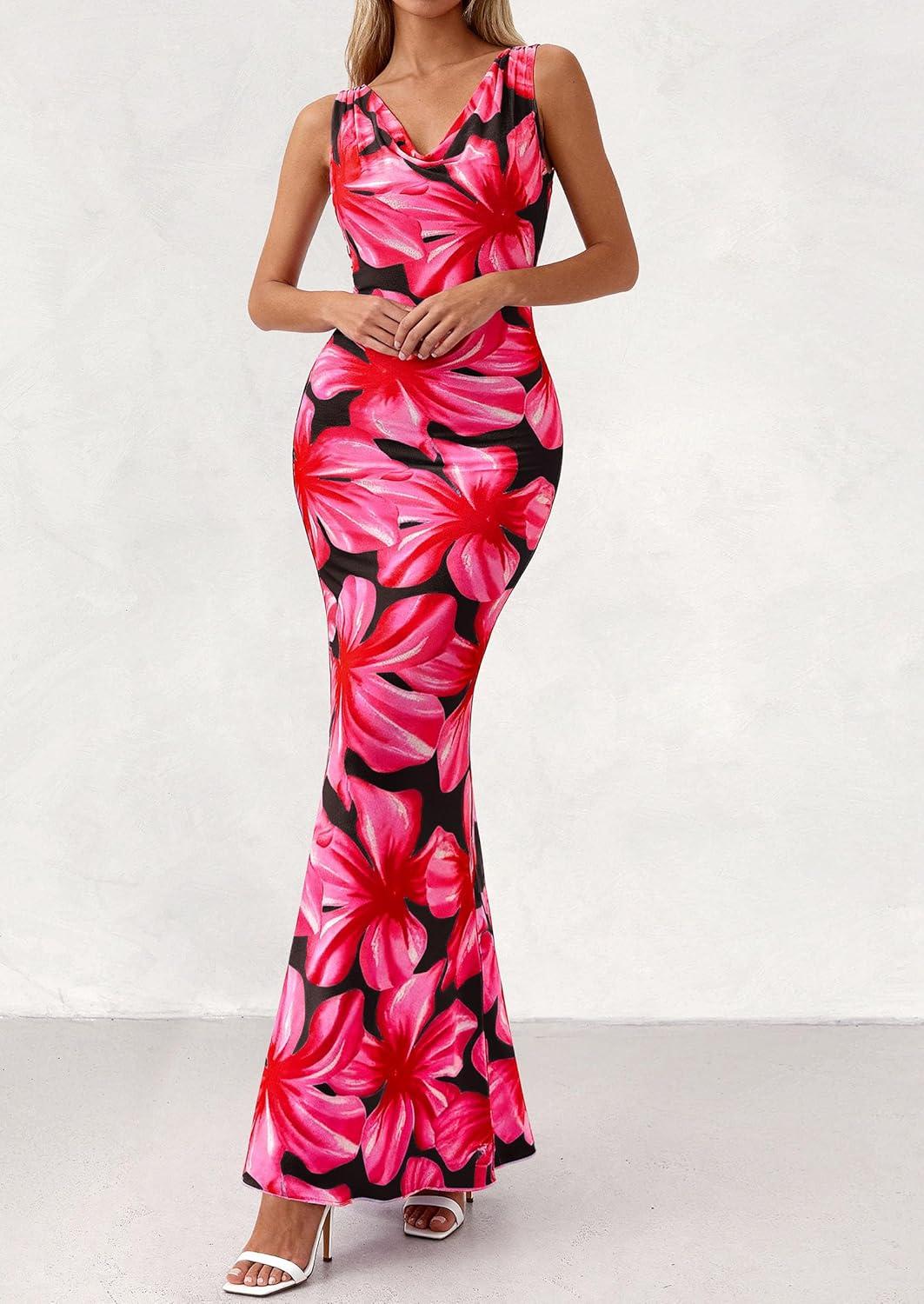 imagePRETTYGARDEN Womens Summer Wedding Guest Dress 2026 Spring Cowl Neck Mesh Bodycon Formal Cocktail Party Floral Maxi DressesBlack Pink Flower