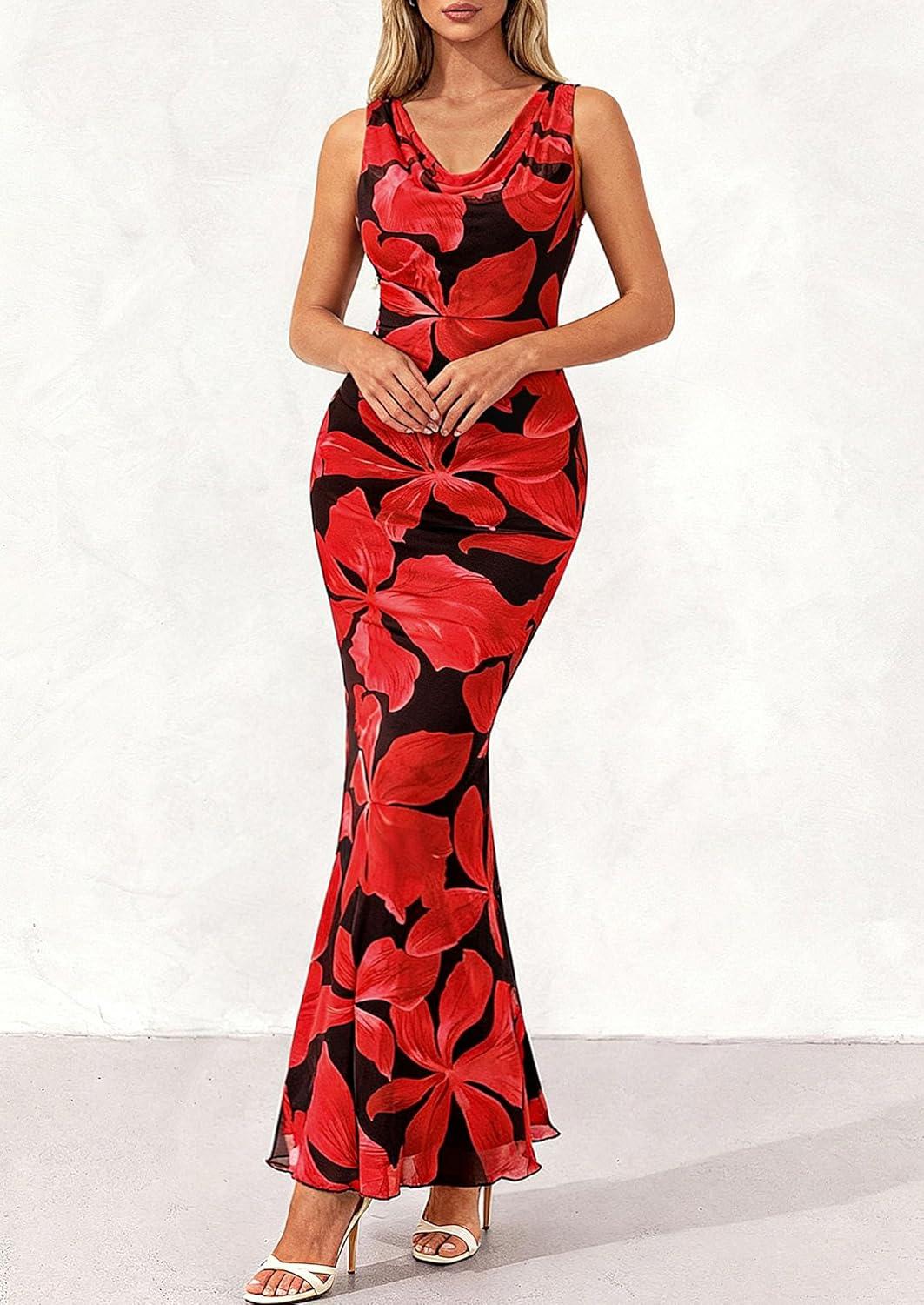 imagePRETTYGARDEN Womens Summer Wedding Guest Dress 2026 Spring Cowl Neck Mesh Bodycon Formal Cocktail Party Floral Maxi DressesBlack Red Flower