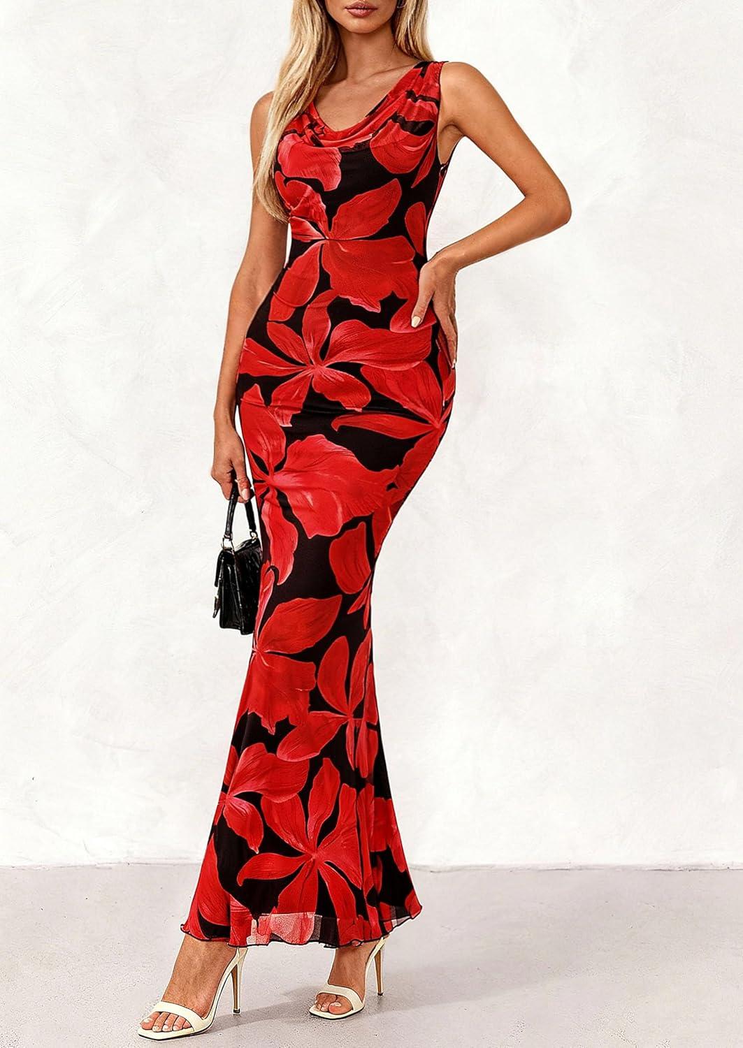 imagePRETTYGARDEN Womens Summer Wedding Guest Dress 2026 Spring Cowl Neck Mesh Bodycon Formal Cocktail Party Floral Maxi DressesBlack Red Flower