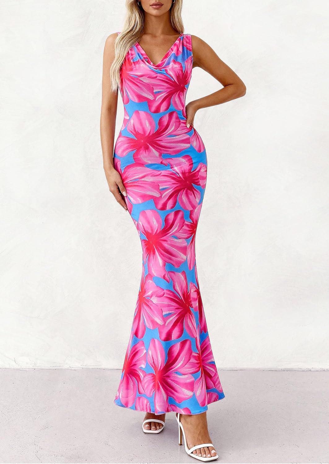 imagePRETTYGARDEN Womens Summer Wedding Guest Dress 2026 Spring Cowl Neck Mesh Bodycon Formal Cocktail Party Floral Maxi DressesBlue Pink Flower