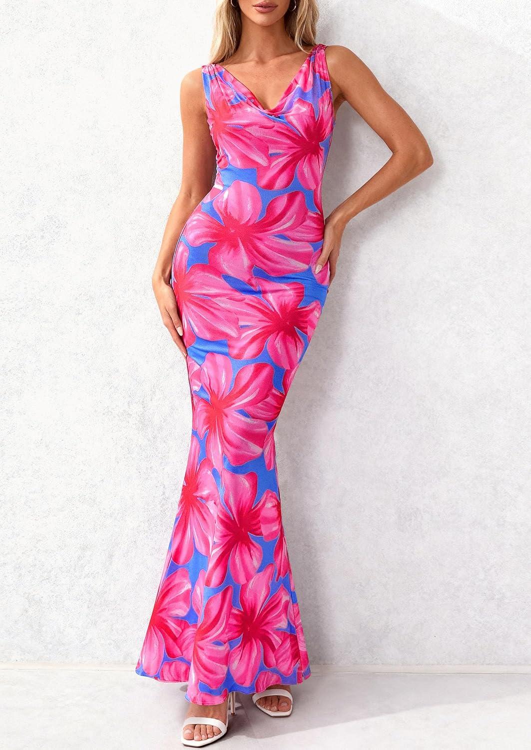 imagePRETTYGARDEN Womens Summer Wedding Guest Dress 2026 Spring Cowl Neck Mesh Bodycon Formal Cocktail Party Floral Maxi DressesBlue Pink Flower