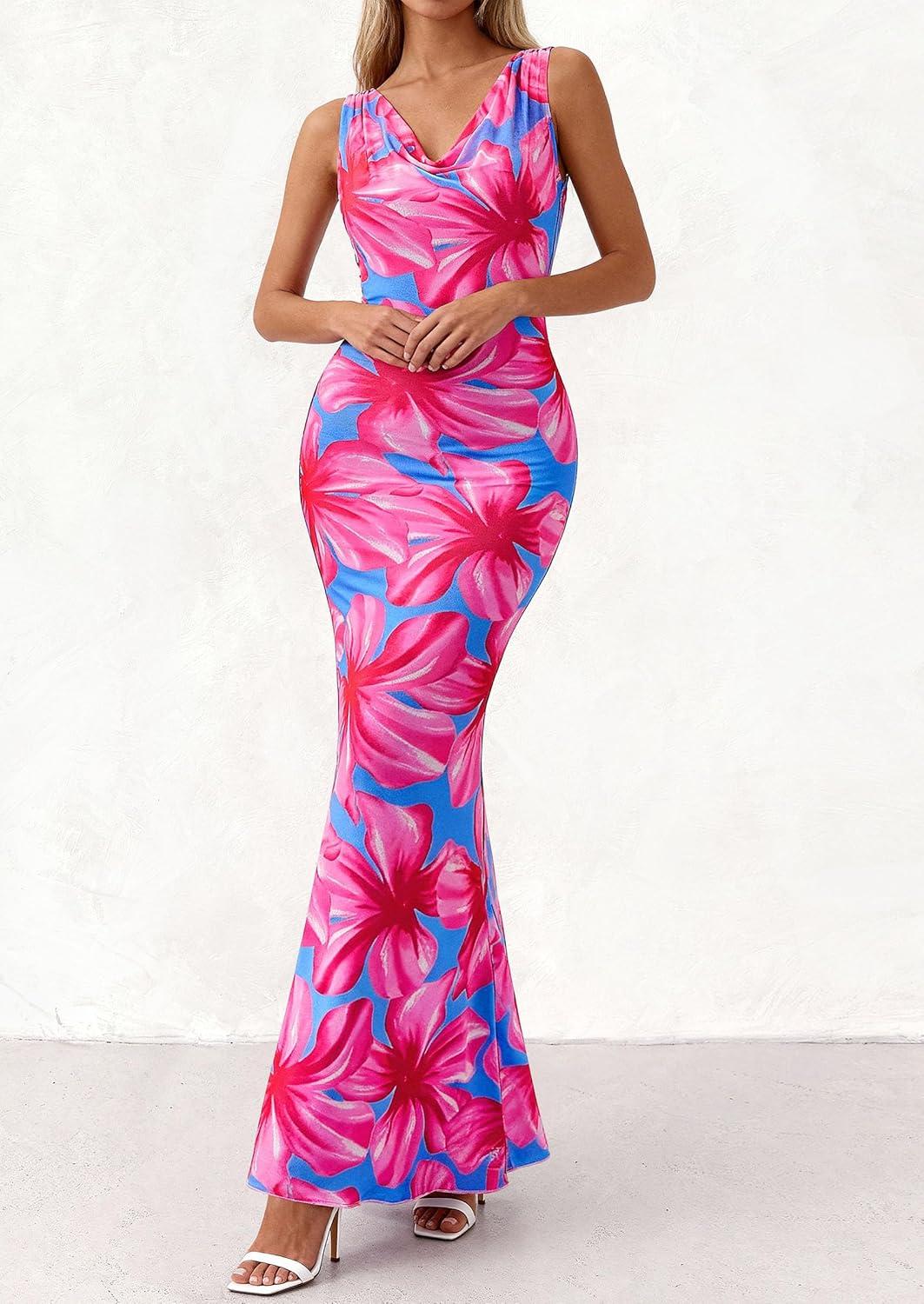 imagePRETTYGARDEN Womens Summer Wedding Guest Dress 2026 Spring Cowl Neck Mesh Bodycon Formal Cocktail Party Floral Maxi DressesBlue Pink Flower