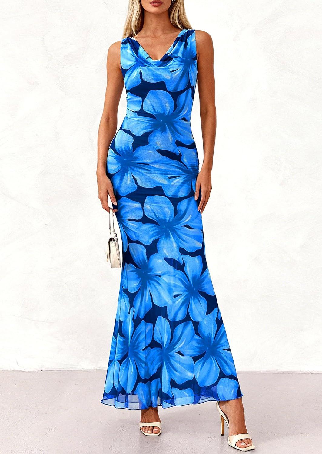 imagePRETTYGARDEN Womens Summer Wedding Guest Dress 2026 Spring Cowl Neck Mesh Bodycon Formal Cocktail Party Floral Maxi DressesFloral Blue