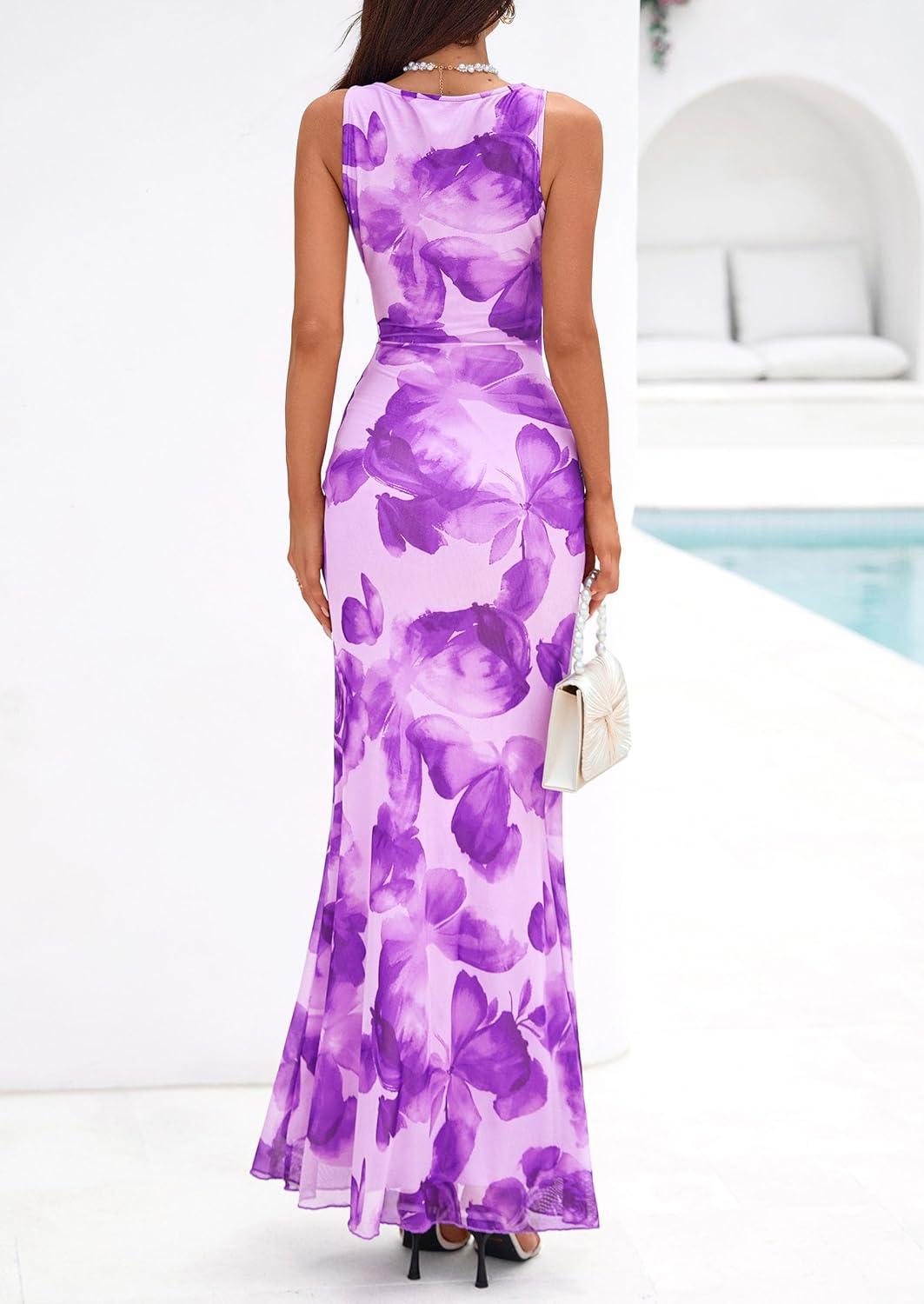 imagePRETTYGARDEN Womens Summer Wedding Guest Dress 2026 Spring Cowl Neck Mesh Bodycon Formal Cocktail Party Floral Maxi DressesFloral Purple