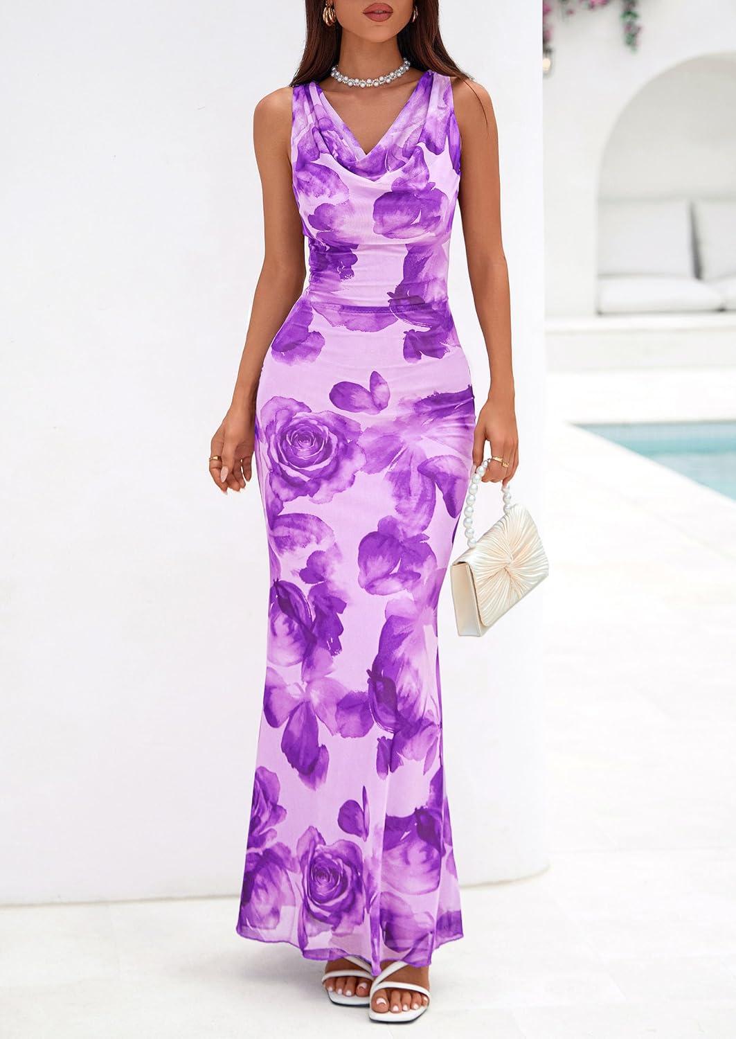 imagePRETTYGARDEN Womens Summer Wedding Guest Dress 2026 Spring Cowl Neck Mesh Bodycon Formal Cocktail Party Floral Maxi DressesFloral Purple