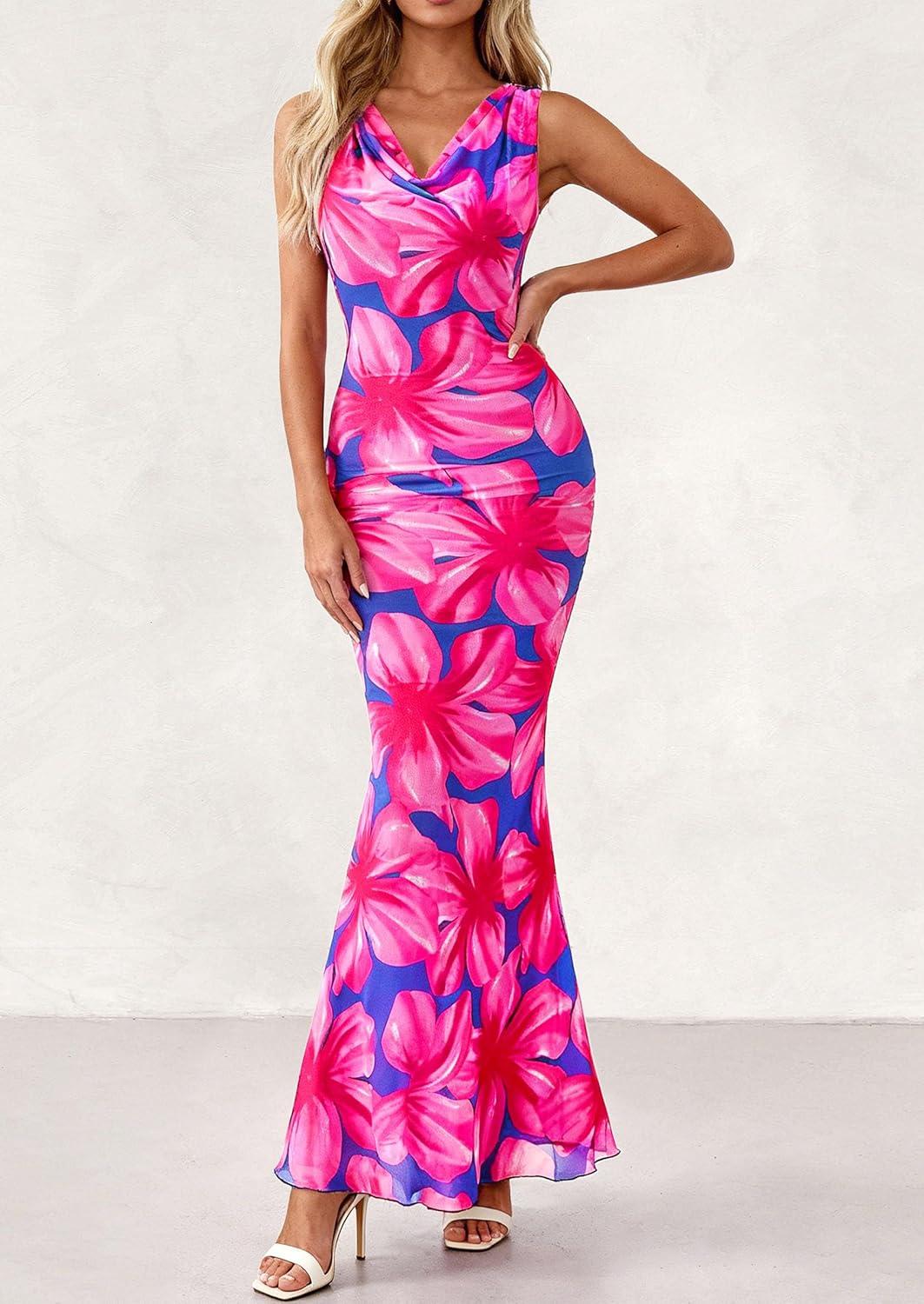 imagePRETTYGARDEN Womens Summer Wedding Guest Dress 2026 Spring Cowl Neck Mesh Bodycon Formal Cocktail Party Floral Maxi DressesFloral Purple Pink