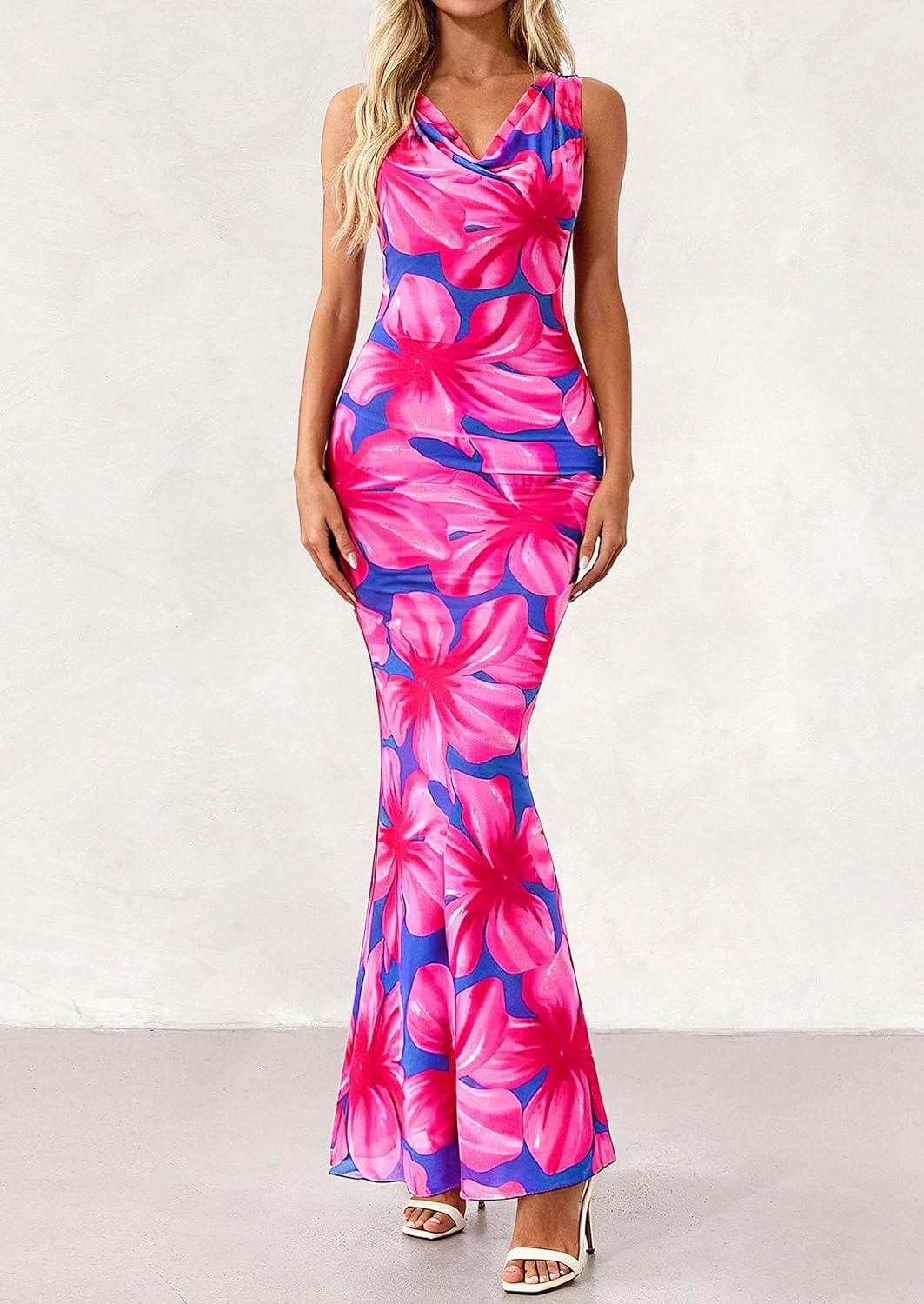 imagePRETTYGARDEN Womens Summer Wedding Guest Dress 2026 Spring Cowl Neck Mesh Bodycon Formal Cocktail Party Floral Maxi DressesFloral Purple Pink