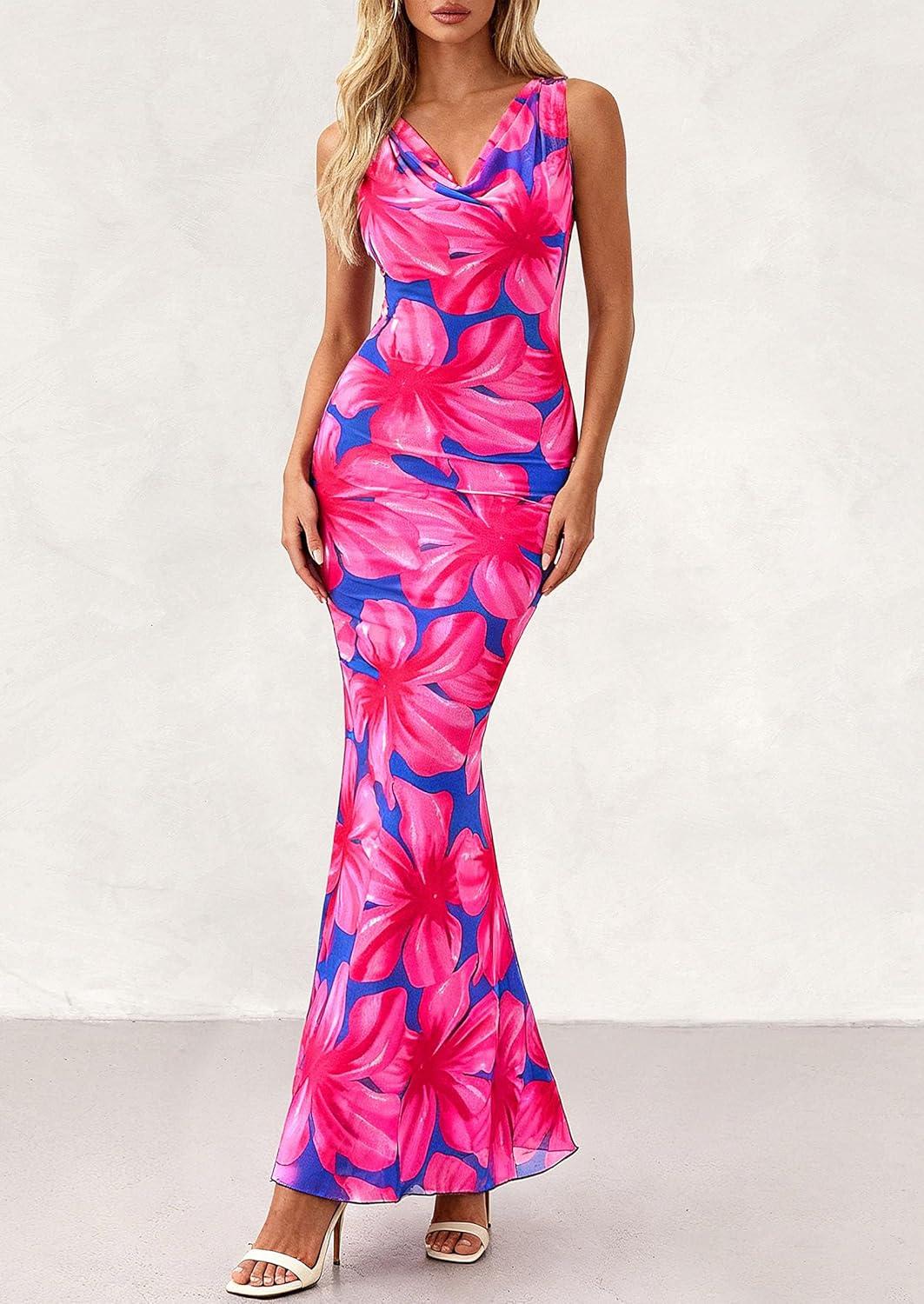 imagePRETTYGARDEN Womens Summer Wedding Guest Dress 2026 Spring Cowl Neck Mesh Bodycon Formal Cocktail Party Floral Maxi DressesFloral Purple Pink