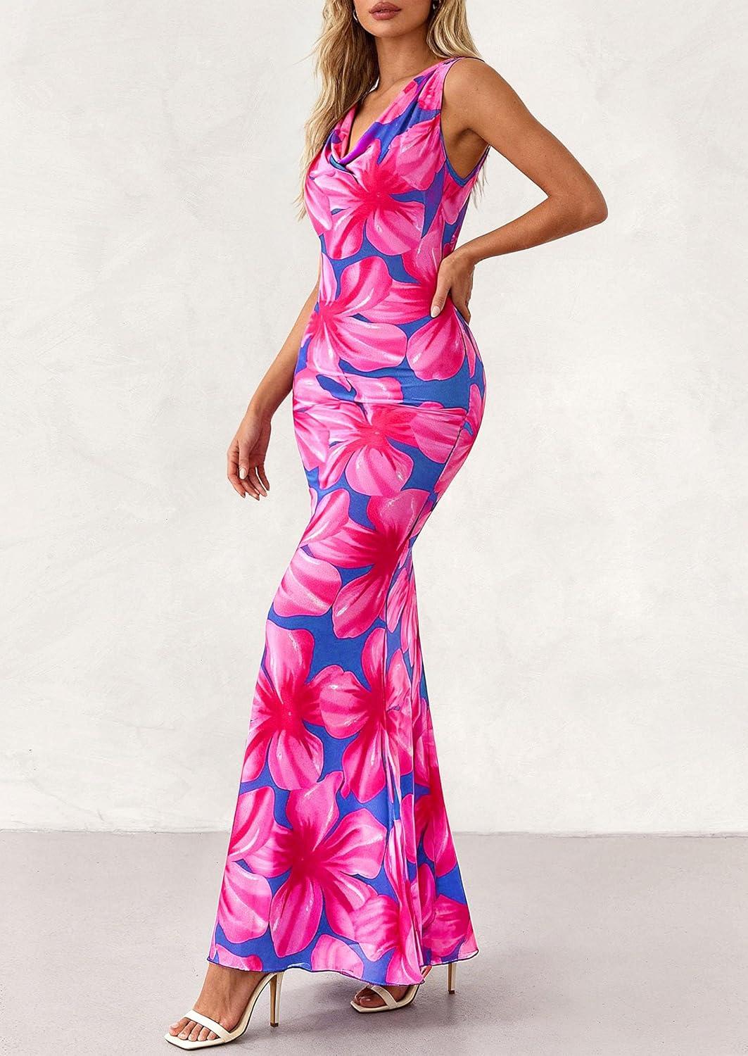 imagePRETTYGARDEN Womens Summer Wedding Guest Dress 2026 Spring Cowl Neck Mesh Bodycon Formal Cocktail Party Floral Maxi DressesFloral Purple Pink