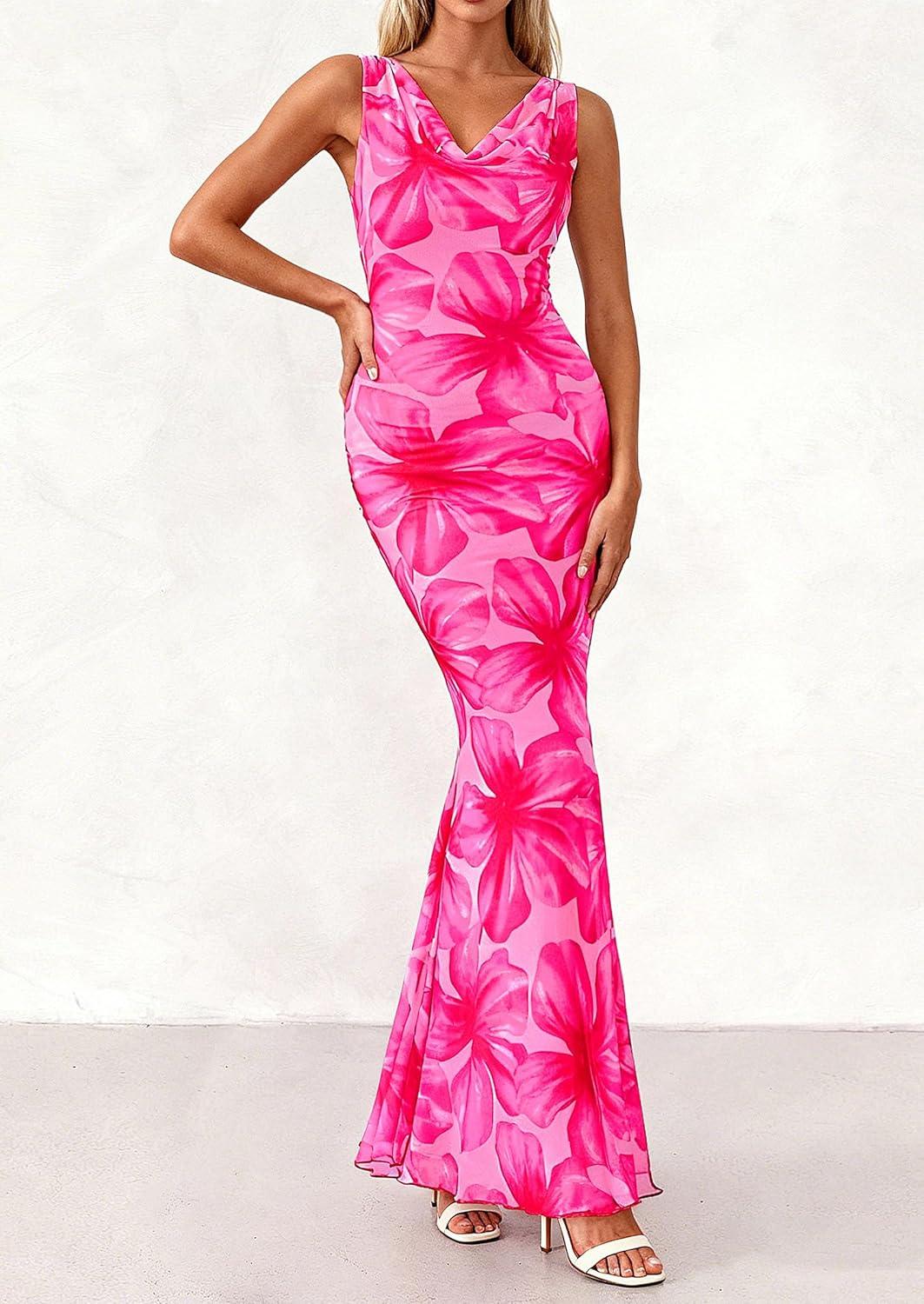 imagePRETTYGARDEN Womens Summer Wedding Guest Dress 2026 Spring Cowl Neck Mesh Bodycon Formal Cocktail Party Floral Maxi DressesPink Floral