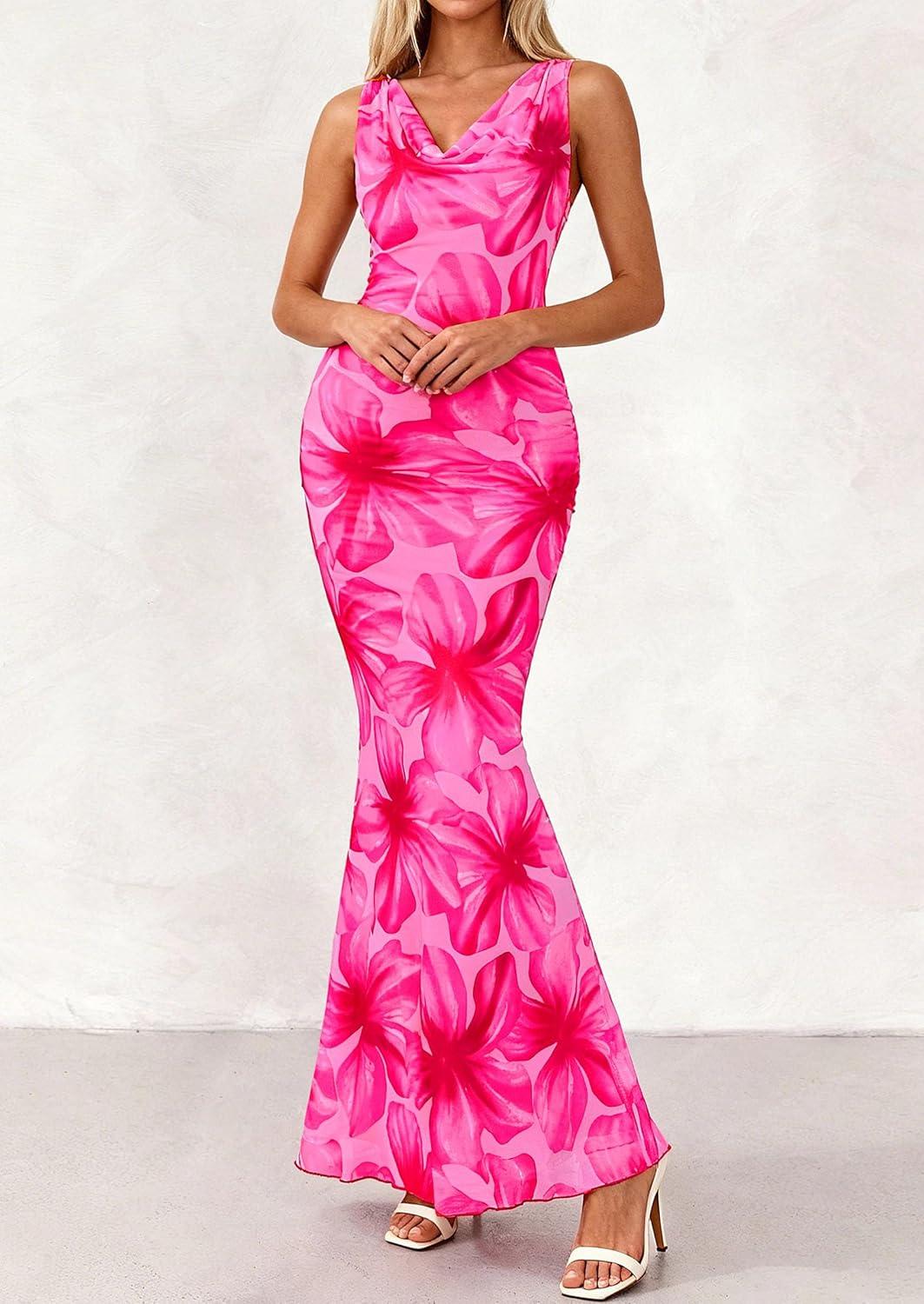 imagePRETTYGARDEN Womens Summer Wedding Guest Dress 2026 Spring Cowl Neck Mesh Bodycon Formal Cocktail Party Floral Maxi DressesPink Floral