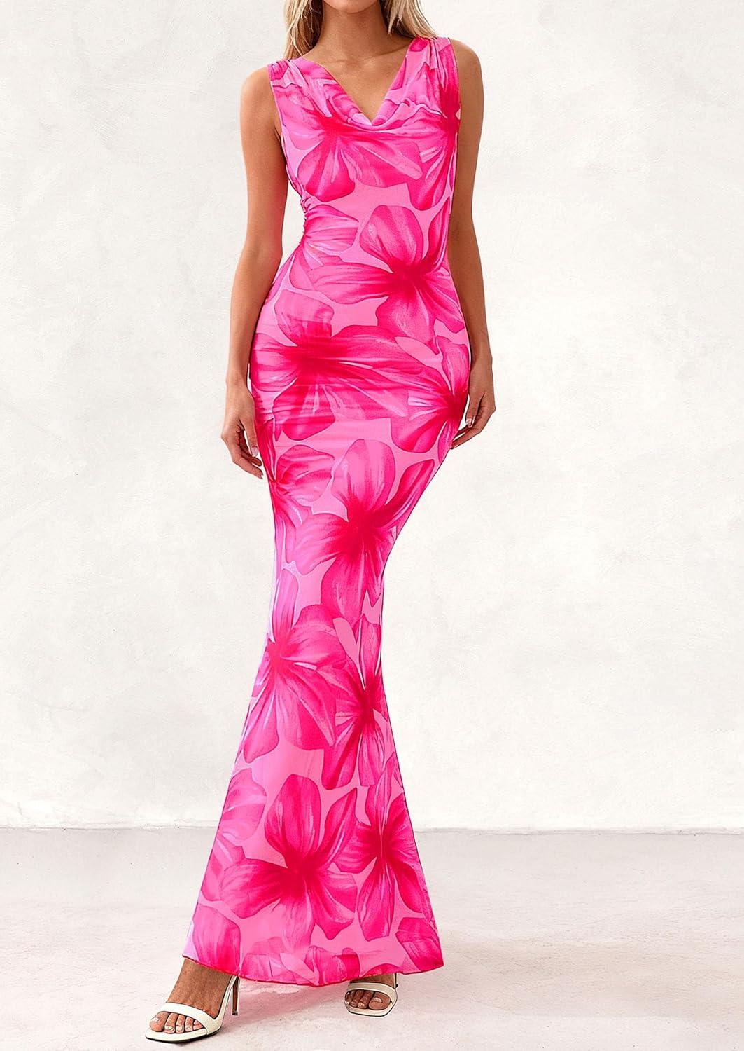 imagePRETTYGARDEN Womens Summer Wedding Guest Dress 2026 Spring Cowl Neck Mesh Bodycon Formal Cocktail Party Floral Maxi DressesPink Floral