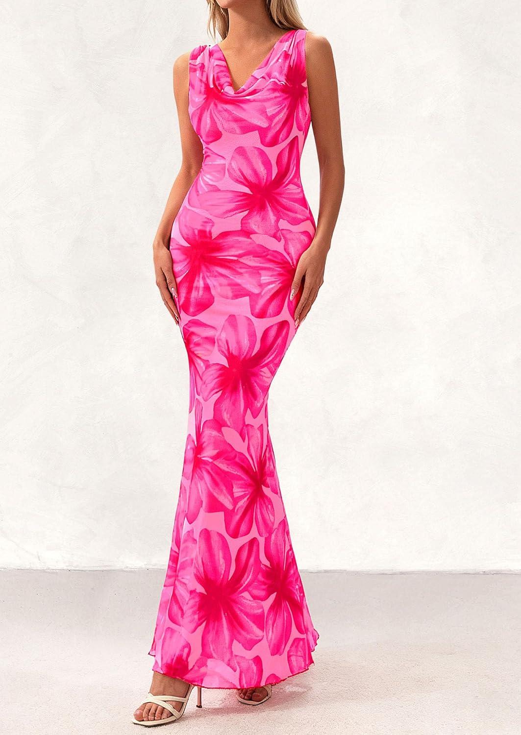 imagePRETTYGARDEN Womens Summer Wedding Guest Dress 2026 Spring Cowl Neck Mesh Bodycon Formal Cocktail Party Floral Maxi DressesPink Floral
