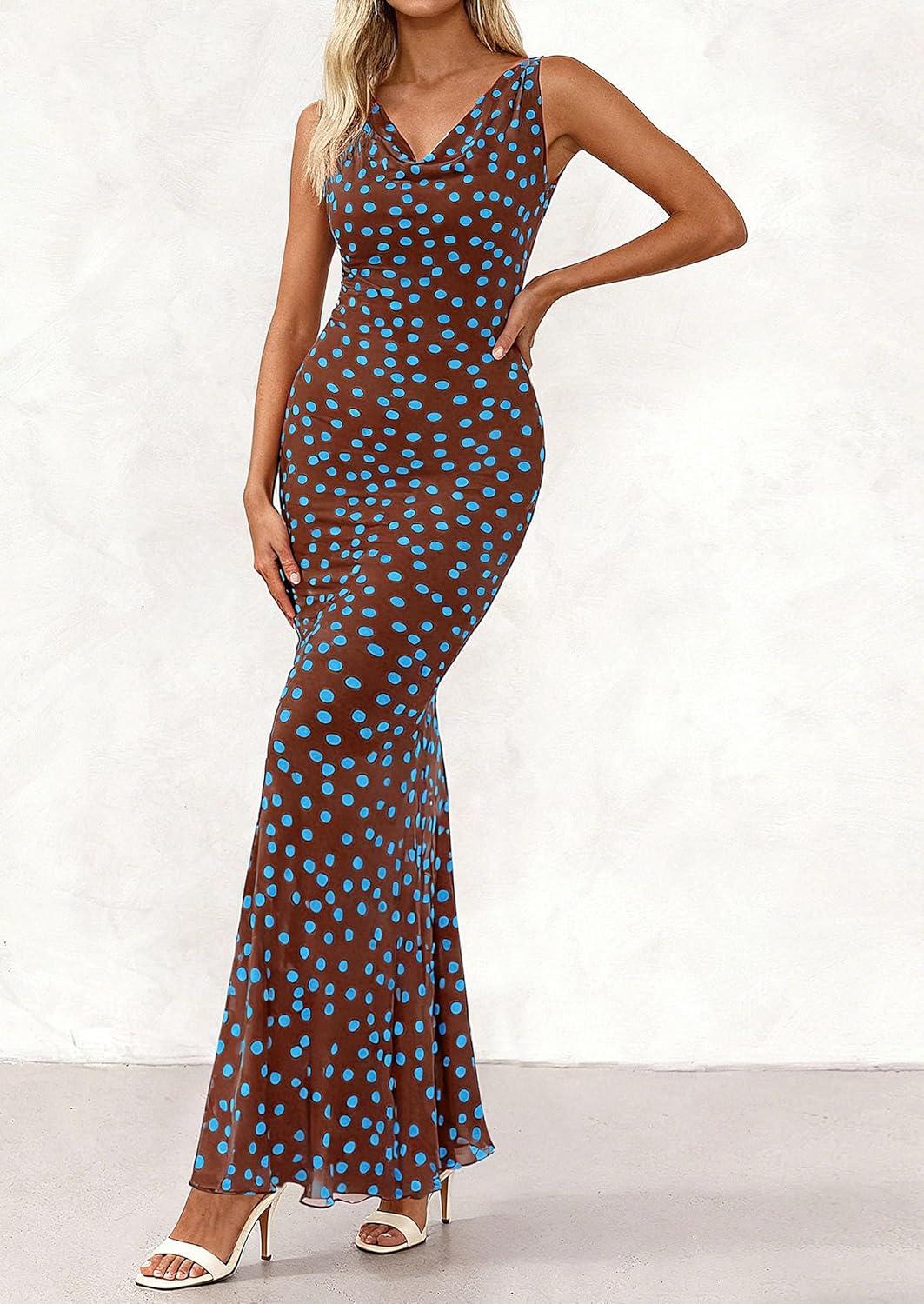 imagePRETTYGARDEN Womens Summer Wedding Guest Dress 2026 Spring Cowl Neck Mesh Bodycon Formal Cocktail Party Floral Maxi DressesPolka Dot Brown Blue
