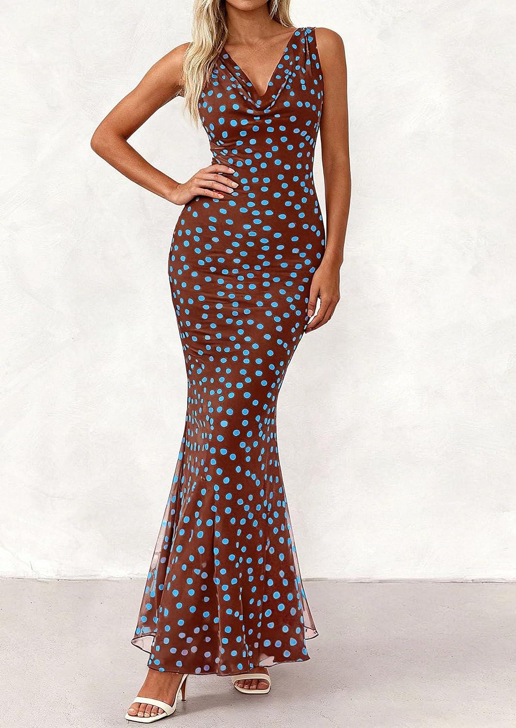 imagePRETTYGARDEN Womens Summer Wedding Guest Dress 2026 Spring Cowl Neck Mesh Bodycon Formal Cocktail Party Floral Maxi DressesPolka Dot Brown Blue