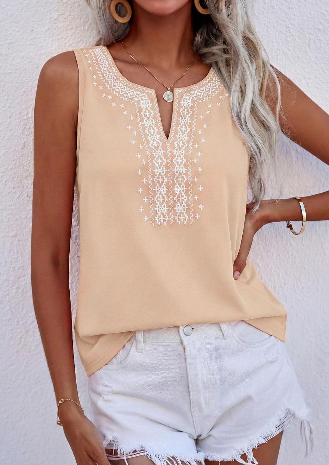 imagePRETTYGARDEN Womens Tank Tops 2026 Summer Causal V Neck Sleeveless Shirts Floral Print Embroidered Beach Vacation Boho TopBeige