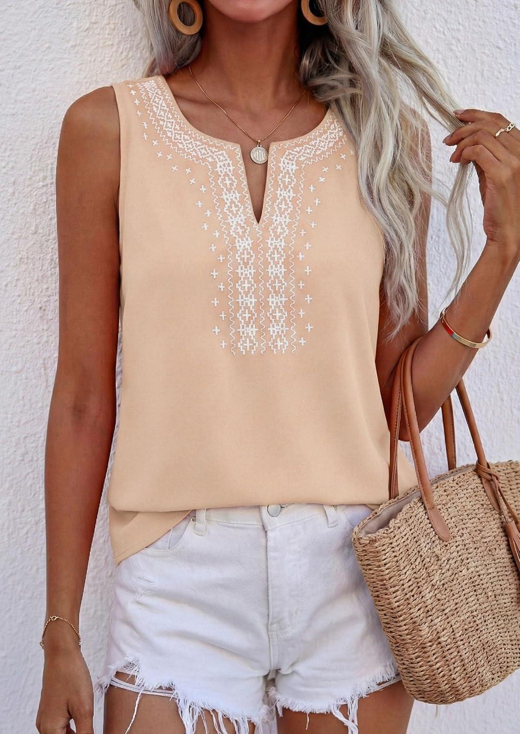 imagePRETTYGARDEN Womens Tank Tops 2026 Summer Causal V Neck Sleeveless Shirts Floral Print Embroidered Beach Vacation Boho TopBeige