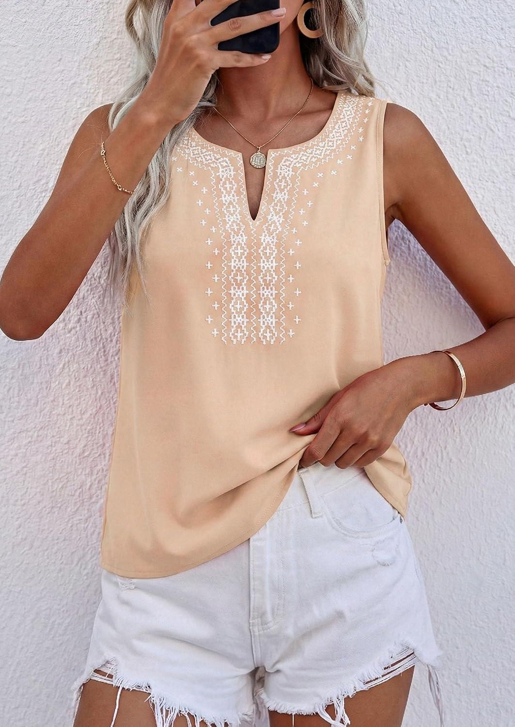 imagePRETTYGARDEN Womens Tank Tops 2026 Summer Causal V Neck Sleeveless Shirts Floral Print Embroidered Beach Vacation Boho TopBeige