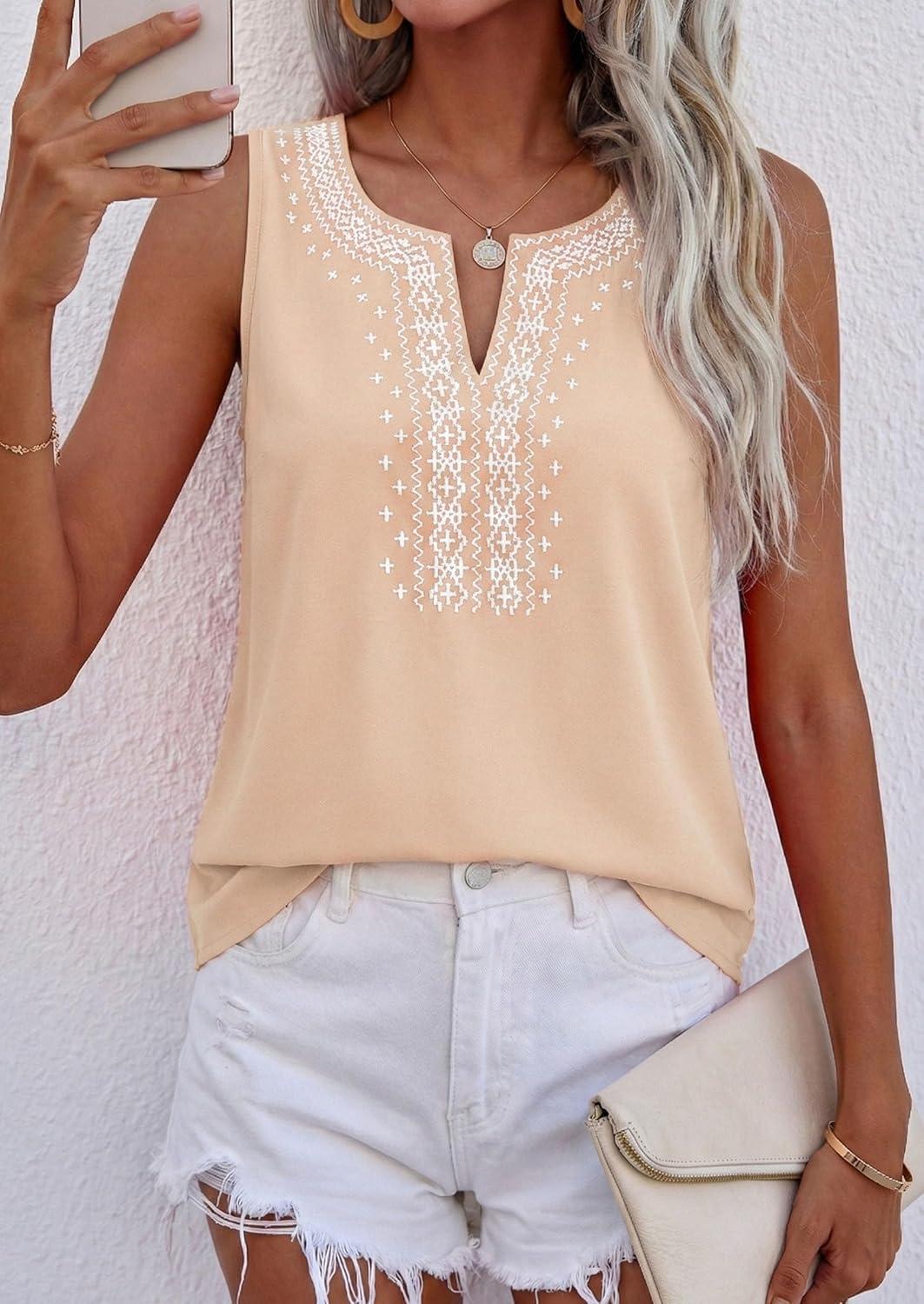 imagePRETTYGARDEN Womens Tank Tops 2026 Summer Causal V Neck Sleeveless Shirts Floral Print Embroidered Beach Vacation Boho TopBeige