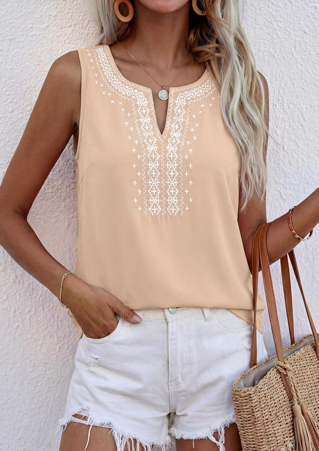 imagePRETTYGARDEN Womens Tank Tops 2026 Summer Causal V Neck Sleeveless Shirts Floral Print Embroidered Beach Vacation Boho TopBeige