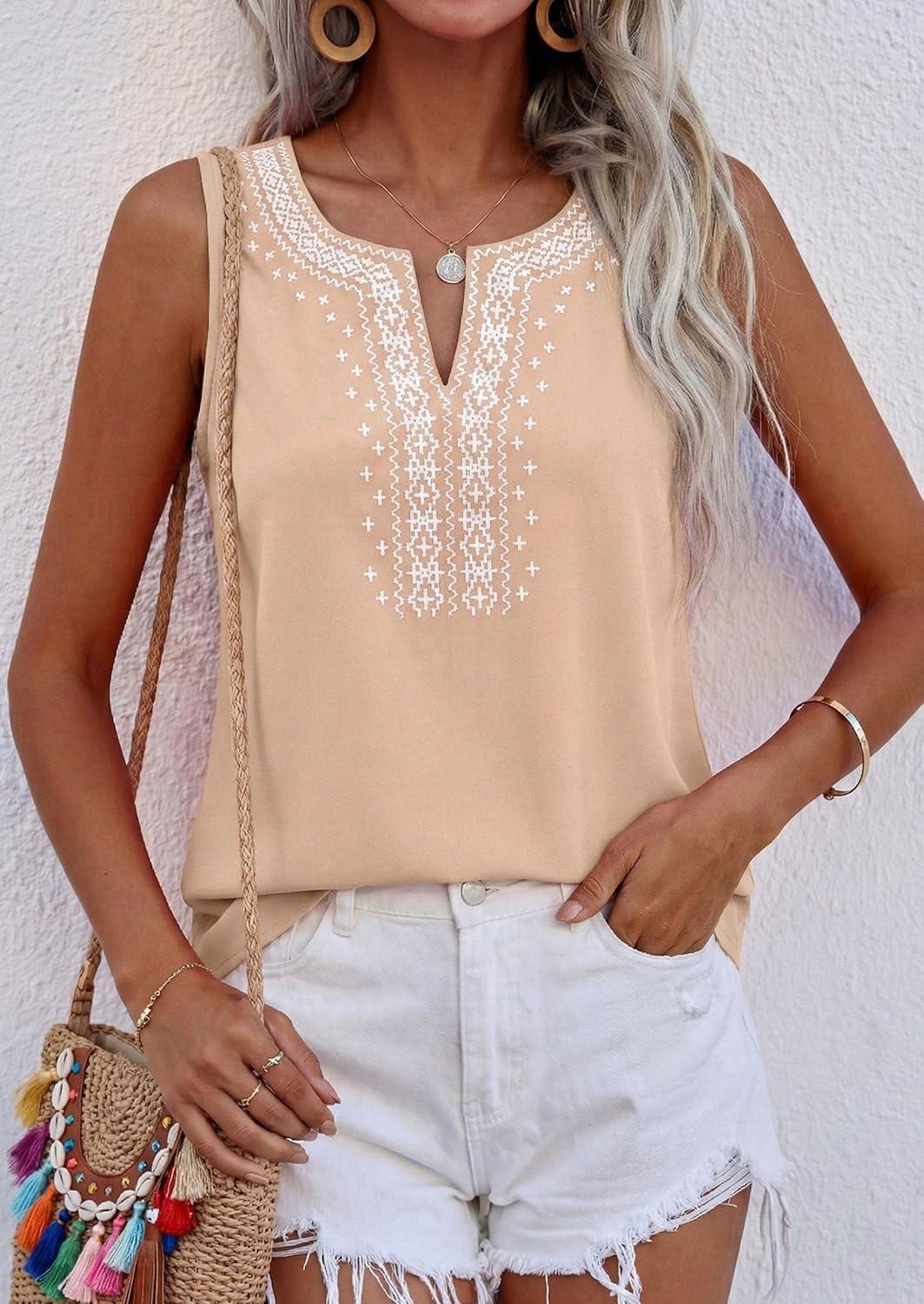 imagePRETTYGARDEN Womens Tank Tops 2026 Summer Causal V Neck Sleeveless Shirts Floral Print Embroidered Beach Vacation Boho TopBeige