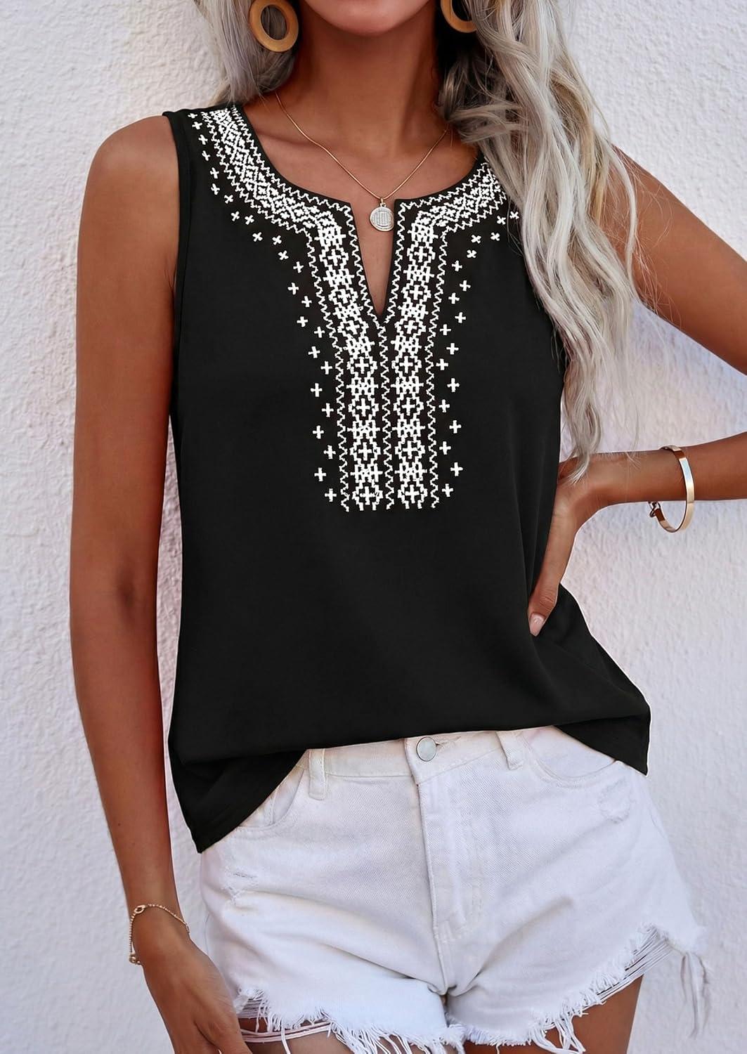 imagePRETTYGARDEN Womens Tank Tops 2026 Summer Causal V Neck Sleeveless Shirts Floral Print Embroidered Beach Vacation Boho TopBlack