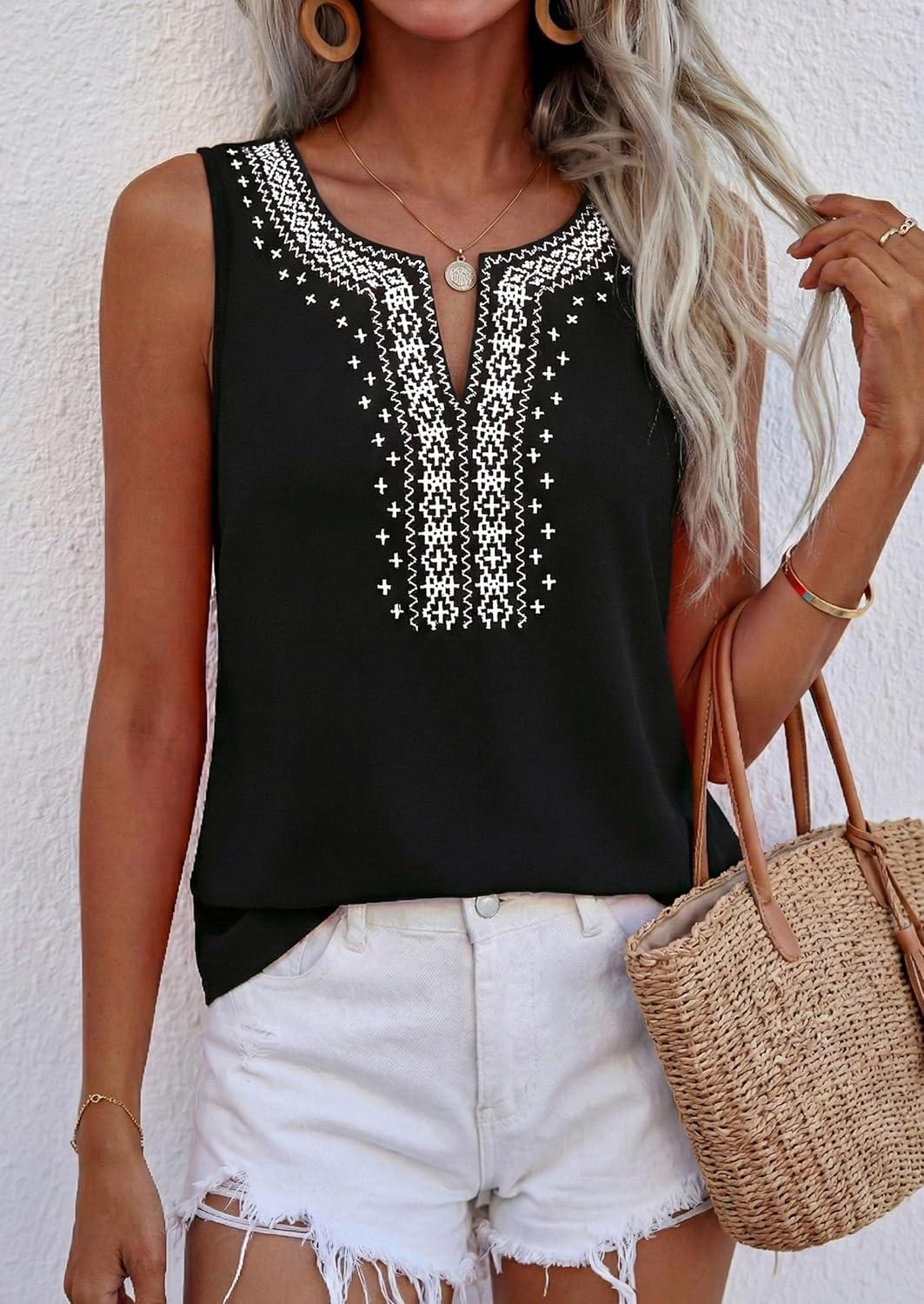 imagePRETTYGARDEN Womens Tank Tops 2026 Summer Causal V Neck Sleeveless Shirts Floral Print Embroidered Beach Vacation Boho TopBlack