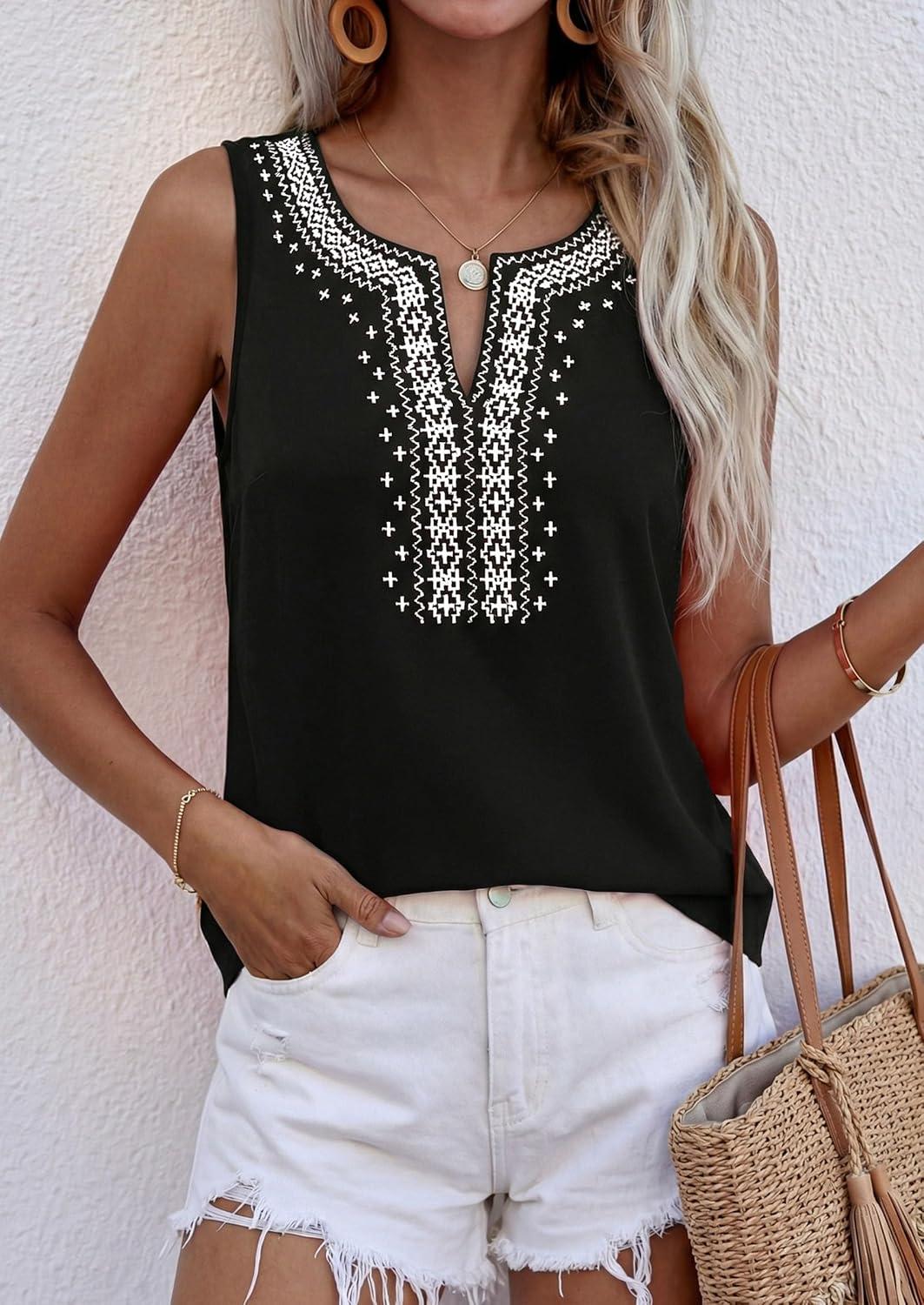 imagePRETTYGARDEN Womens Tank Tops 2026 Summer Causal V Neck Sleeveless Shirts Floral Print Embroidered Beach Vacation Boho TopBlack