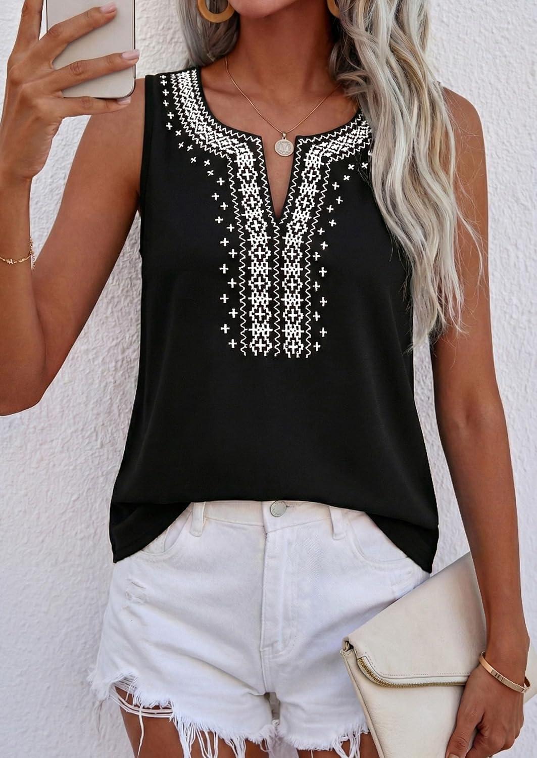 imagePRETTYGARDEN Womens Tank Tops 2026 Summer Causal V Neck Sleeveless Shirts Floral Print Embroidered Beach Vacation Boho TopBlack
