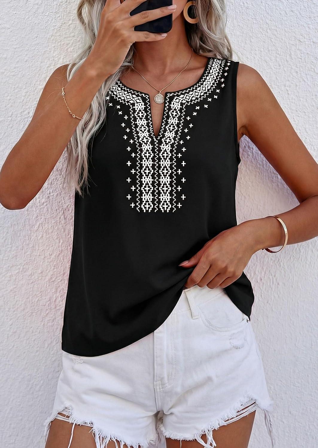 imagePRETTYGARDEN Womens Tank Tops 2026 Summer Causal V Neck Sleeveless Shirts Floral Print Embroidered Beach Vacation Boho TopBlack