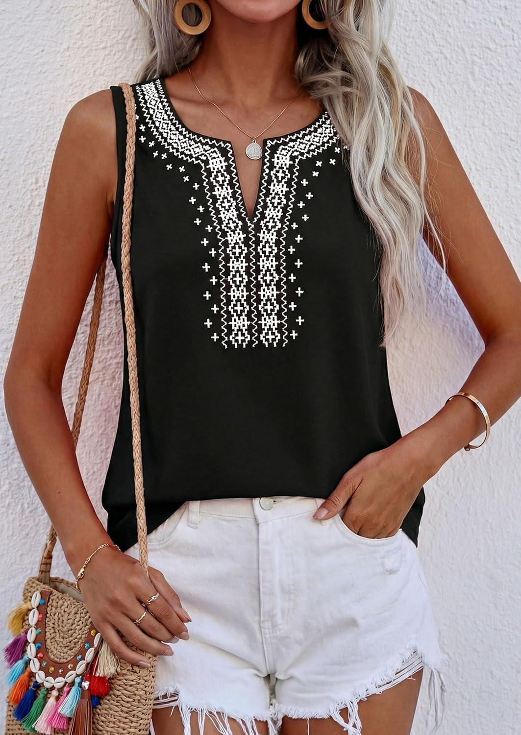 imagePRETTYGARDEN Womens Tank Tops 2026 Summer Causal V Neck Sleeveless Shirts Floral Print Embroidered Beach Vacation Boho TopBlack