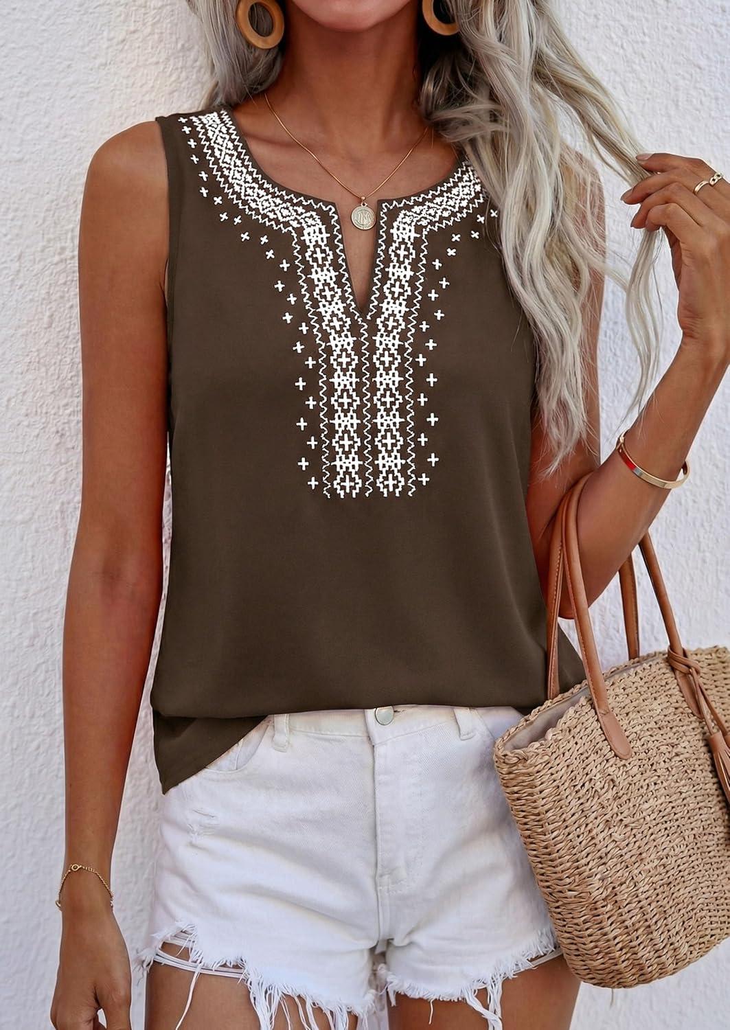 imagePRETTYGARDEN Womens Tank Tops 2026 Summer Causal V Neck Sleeveless Shirts Floral Print Embroidered Beach Vacation Boho TopBrown