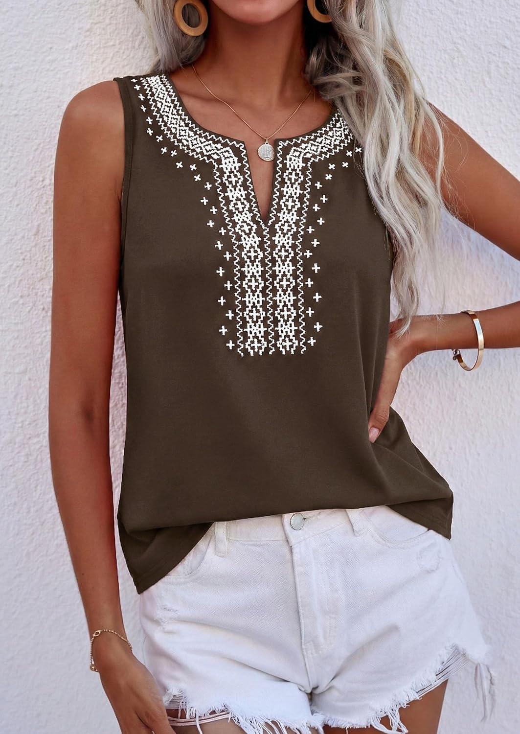 imagePRETTYGARDEN Womens Tank Tops 2026 Summer Causal V Neck Sleeveless Shirts Floral Print Embroidered Beach Vacation Boho TopBrown
