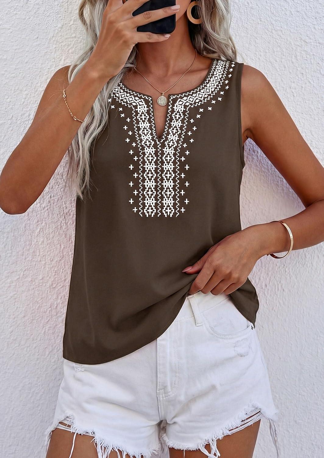imagePRETTYGARDEN Womens Tank Tops 2026 Summer Causal V Neck Sleeveless Shirts Floral Print Embroidered Beach Vacation Boho TopBrown