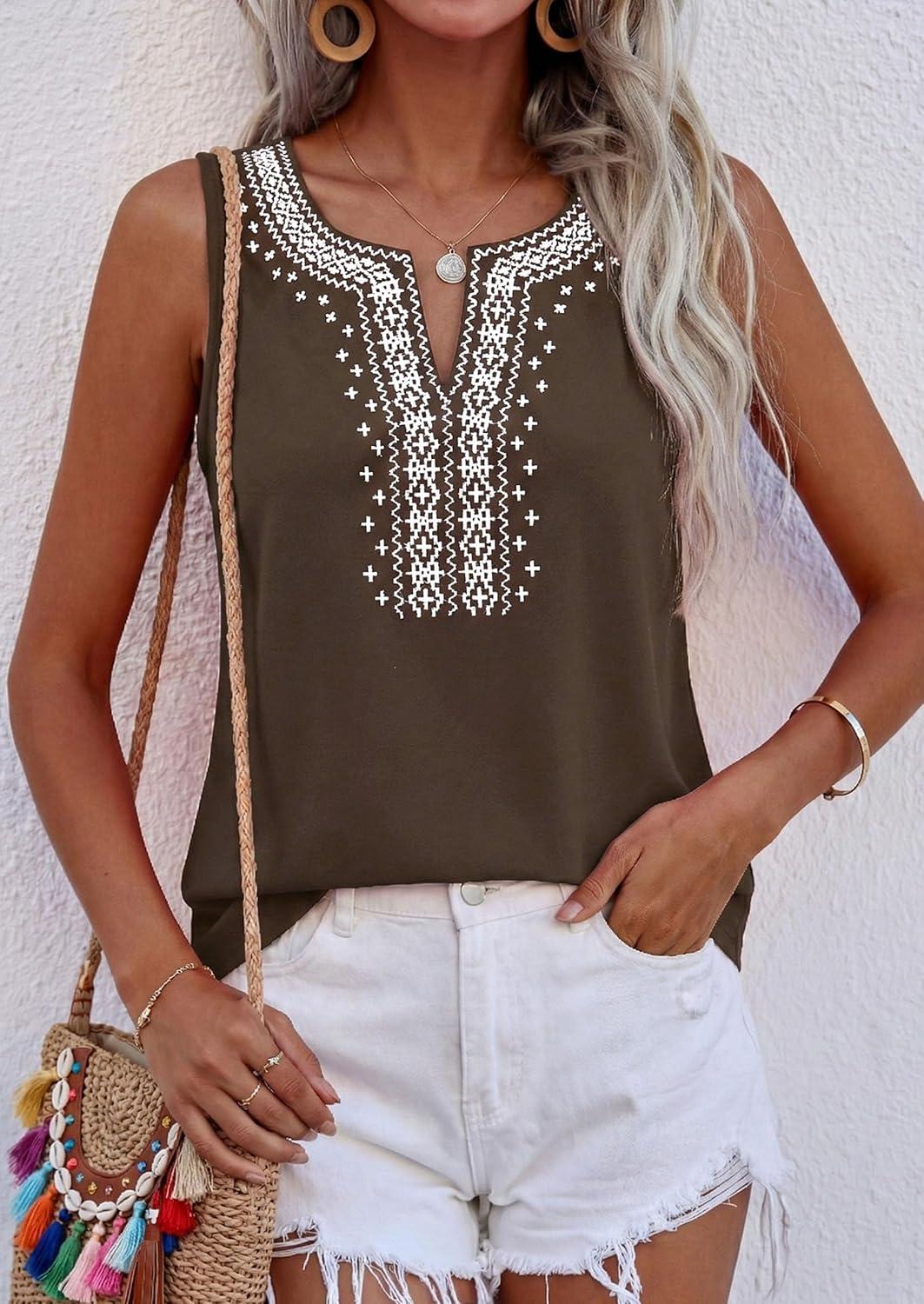imagePRETTYGARDEN Womens Tank Tops 2026 Summer Causal V Neck Sleeveless Shirts Floral Print Embroidered Beach Vacation Boho TopBrown