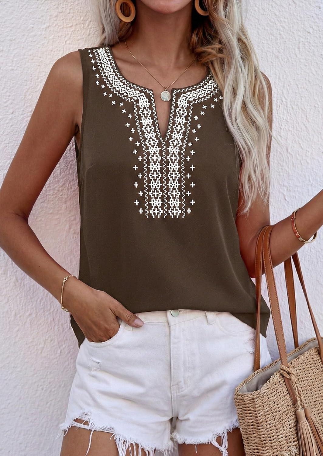 imagePRETTYGARDEN Womens Tank Tops 2026 Summer Causal V Neck Sleeveless Shirts Floral Print Embroidered Beach Vacation Boho TopBrown